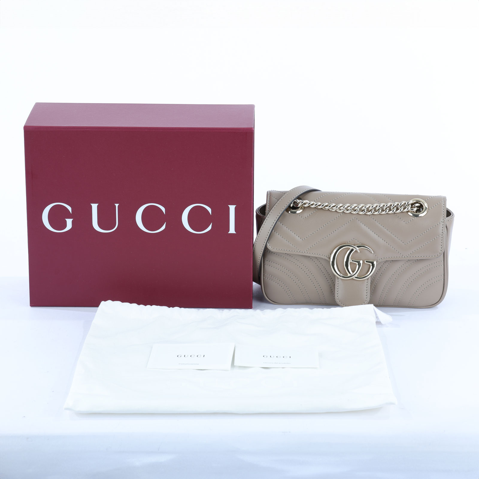 古馳 GUCCI GG Marmont 迷你肩揹袋 446744 灰褐色MARMONT鍊包 原廠盒子/防塵袋