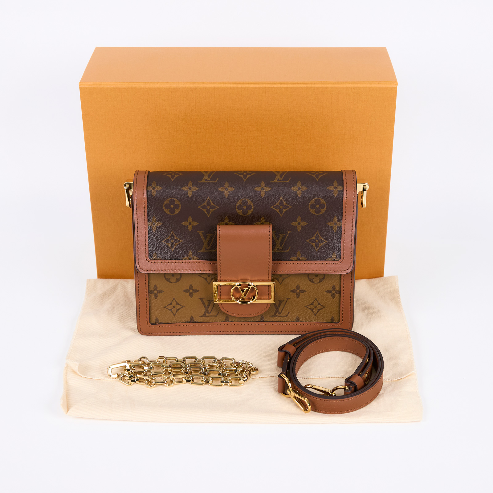 路易威登 LOUIS VUITTON Dauphine MM 手提包 雙色翻蓋斜背 鏈帶包 M44391 晶片款 原廠盒子/防塵袋/背帶2