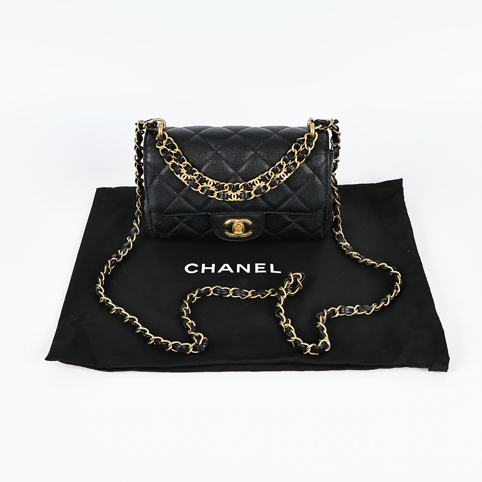 香奈兒 CHANEL 方胖 手提 肩背 皮穿鍊口蓋包  晶片款 黑荔枝雙鍊方胖 防塵袋