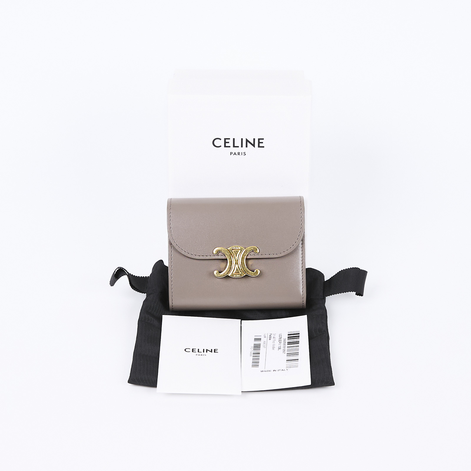 思琳 CELINE 亮面牛皮革 TRIOMPHE COMPACT 銀包連零錢格 10I653DPV 灰金TRIOMPHE短夾 原廠盒子/防塵袋/內裏髒污