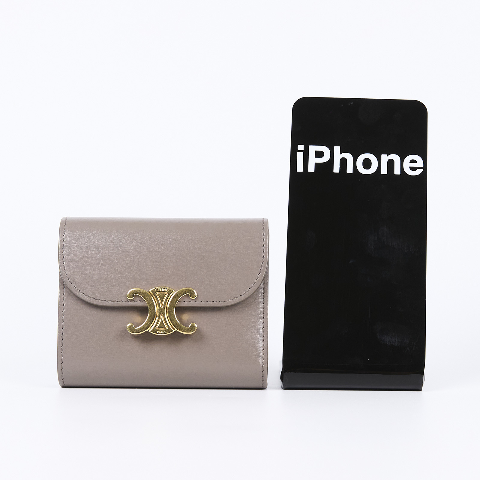 思琳 CELINE 亮面牛皮革 TRIOMPHE COMPACT 銀包連零錢格 10I653DPV 灰金TRIOMPHE短夾 原廠盒子/防塵袋/內裏髒污