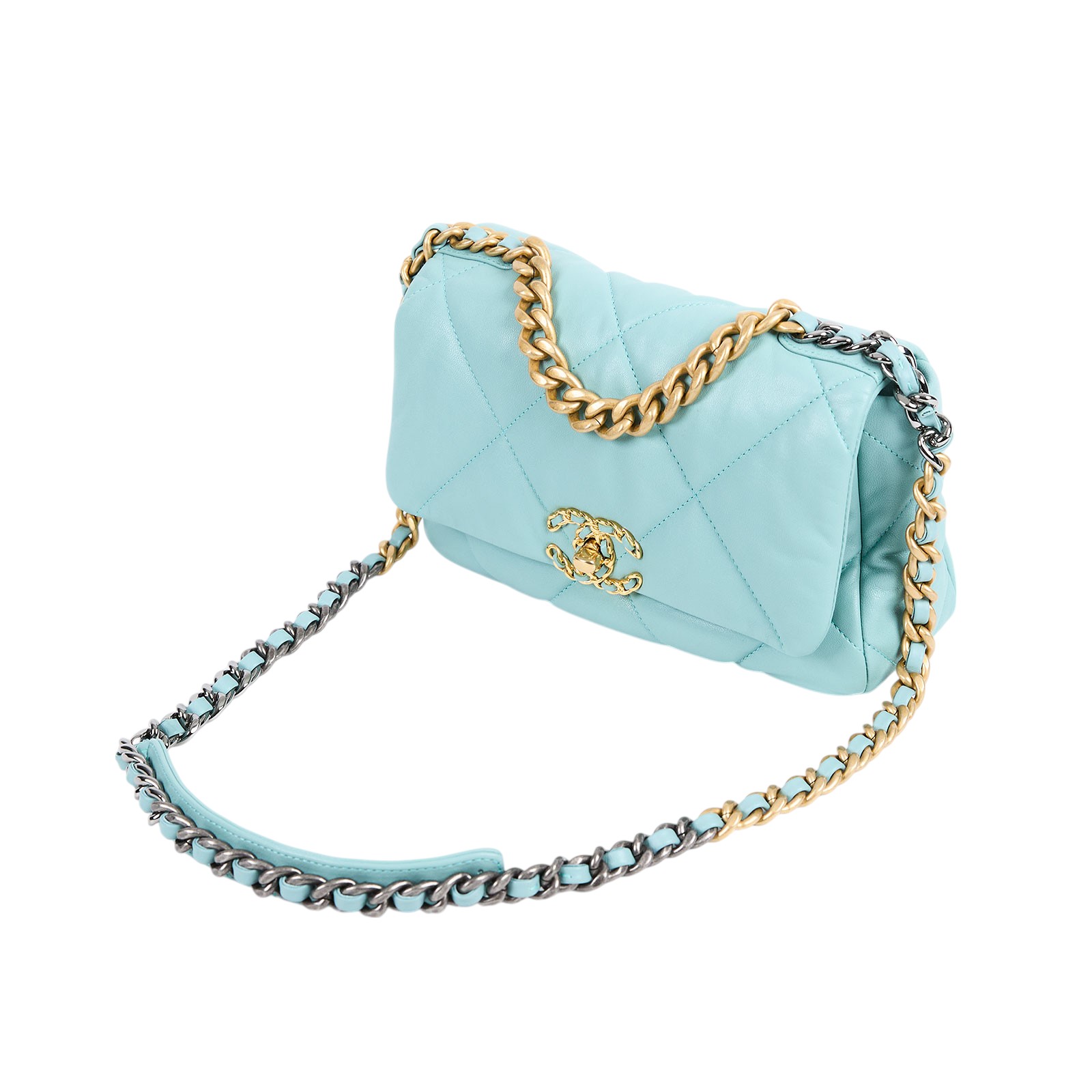 香奈兒 CHANEL 19 口蓋包 菱格紋 金銀鍊帶 手提 肩背包 AS1160 29開水藍19包26CM 保證卡