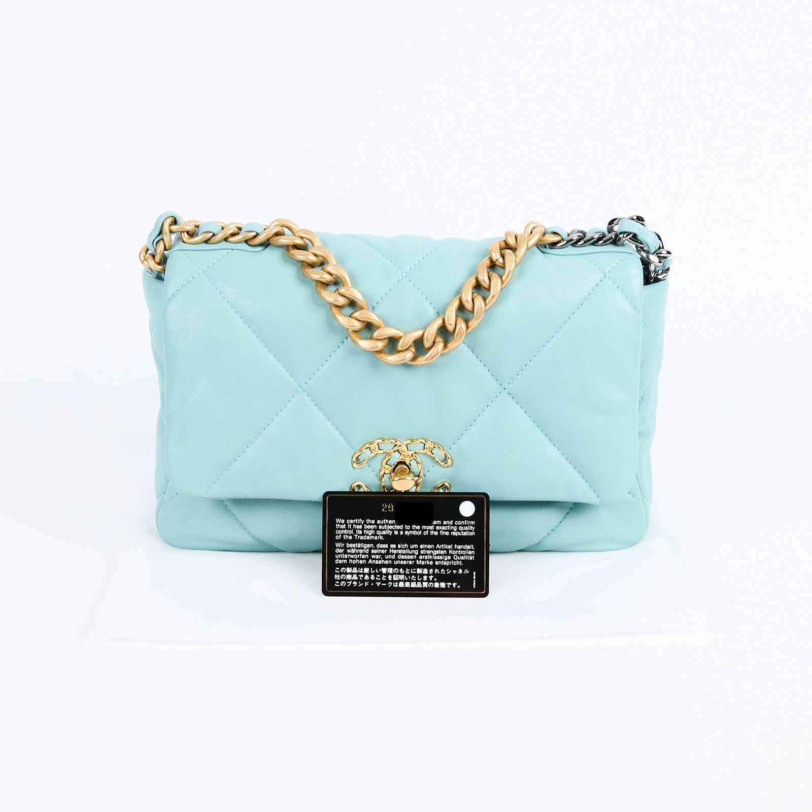 香奈兒 CHANEL 19 口蓋包 菱格紋 金銀鍊帶 手提 肩背包 AS1160 29開水藍19包26CM 保證卡