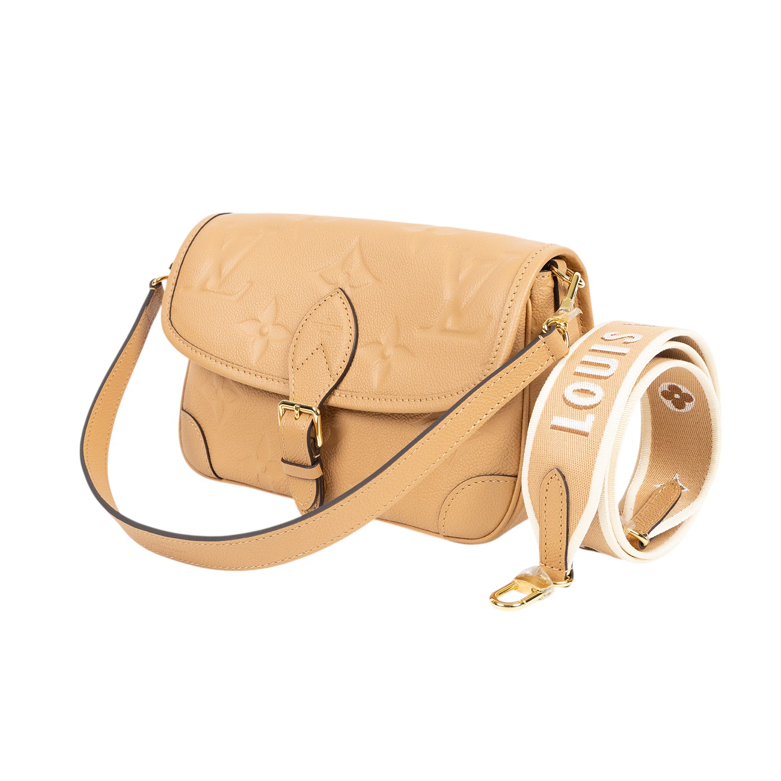 路易威登 LOUIS VUITTON Diane 腋下包法棍 單肩背包 霞光橙 M11817 晶片款 奶茶原花Diane壓印牛皮肩背包 防塵袋