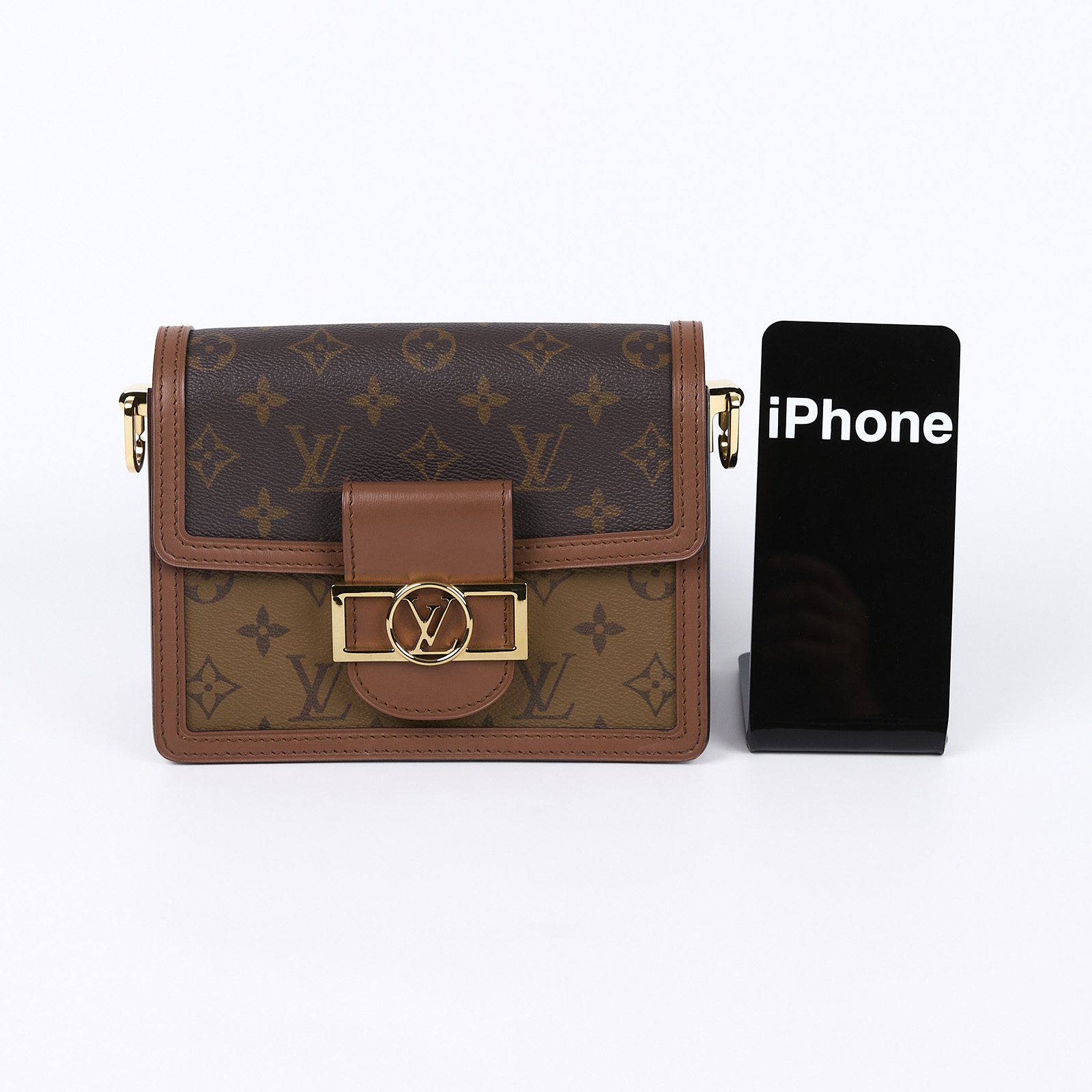 路易威登 LOUIS VUITTON Mini Dauphine 達芙妮 Reverse皮革飾邊 帆布肩背 斜背包 M45959 晶片款  原廠盒子/防塵袋/購買證明