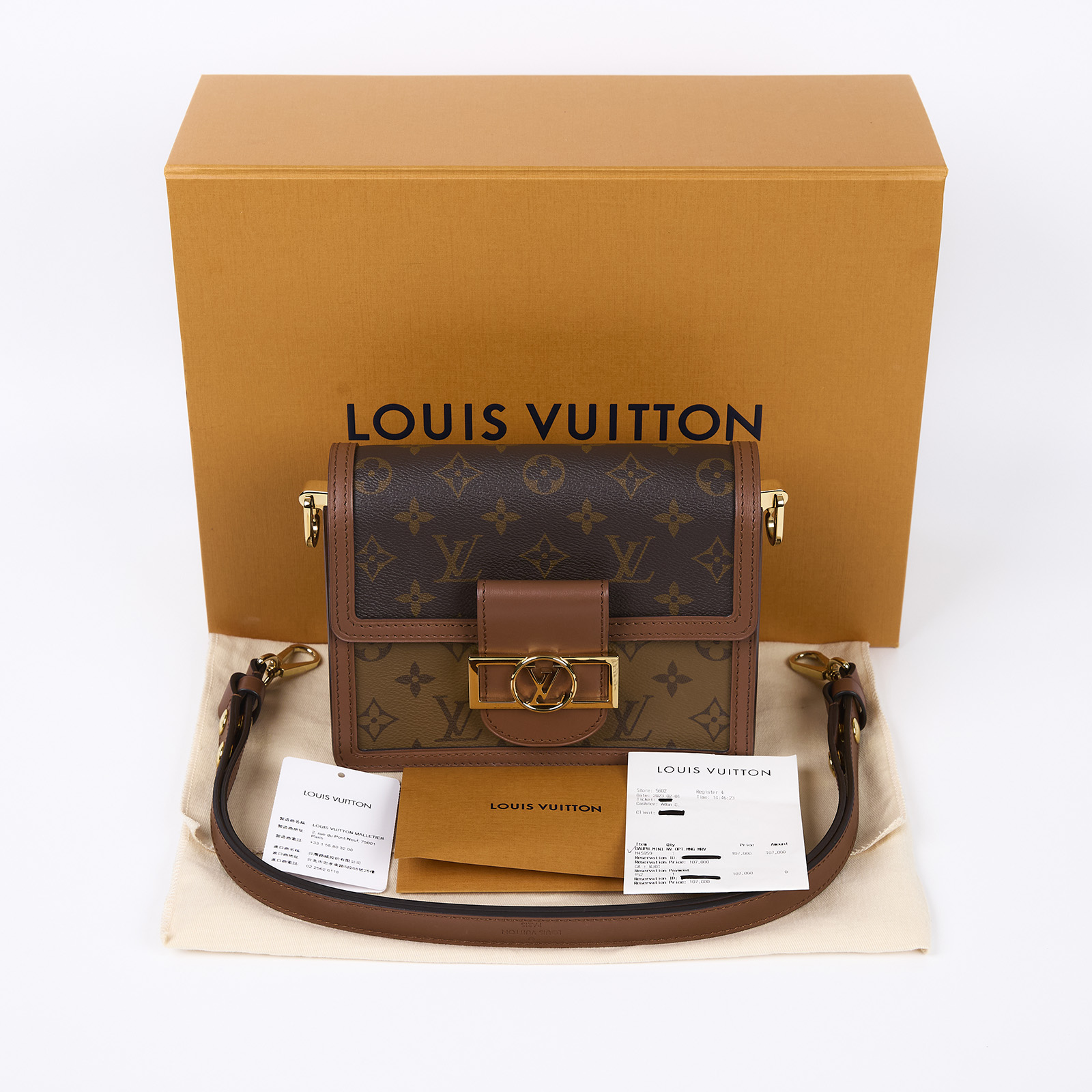 路易威登 LOUIS VUITTON Mini Dauphine 達芙妮 Reverse皮革飾邊 帆布肩背 斜背包 M45959 晶片款  原廠盒子/防塵袋/購買證明
