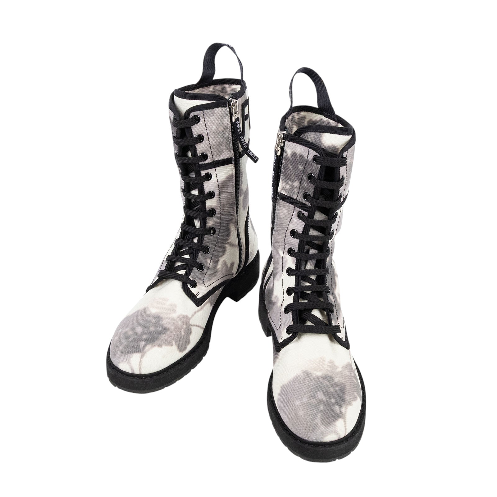 芬迪 FENDI 花卉印花 機車靴  黑灰水墨帆布中筒靴 無附屬品