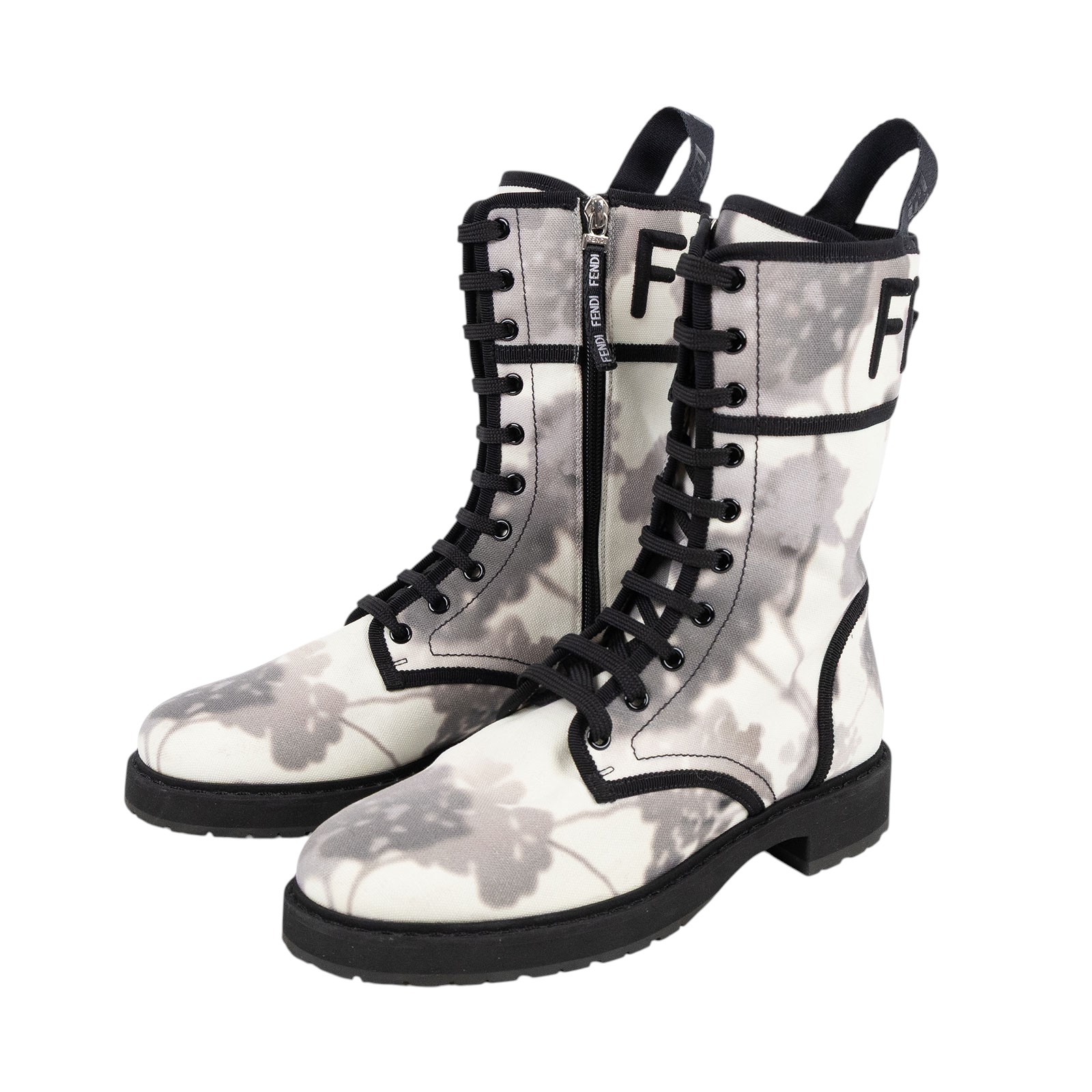 芬迪 FENDI 花卉印花 機車靴  黑灰水墨帆布中筒靴 無附屬品