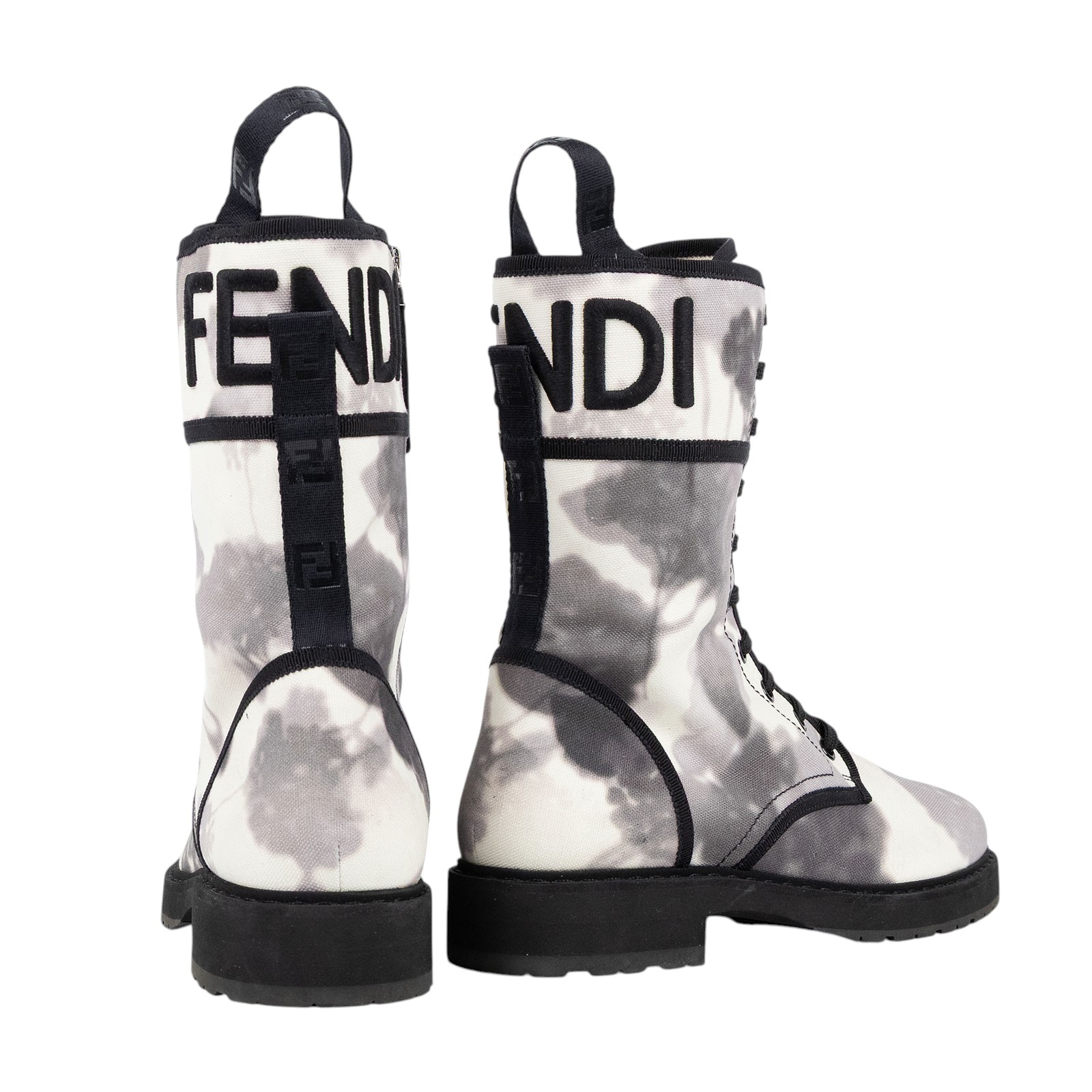芬迪 FENDI 花卉印花 機車靴  黑灰水墨帆布中筒靴 無附屬品