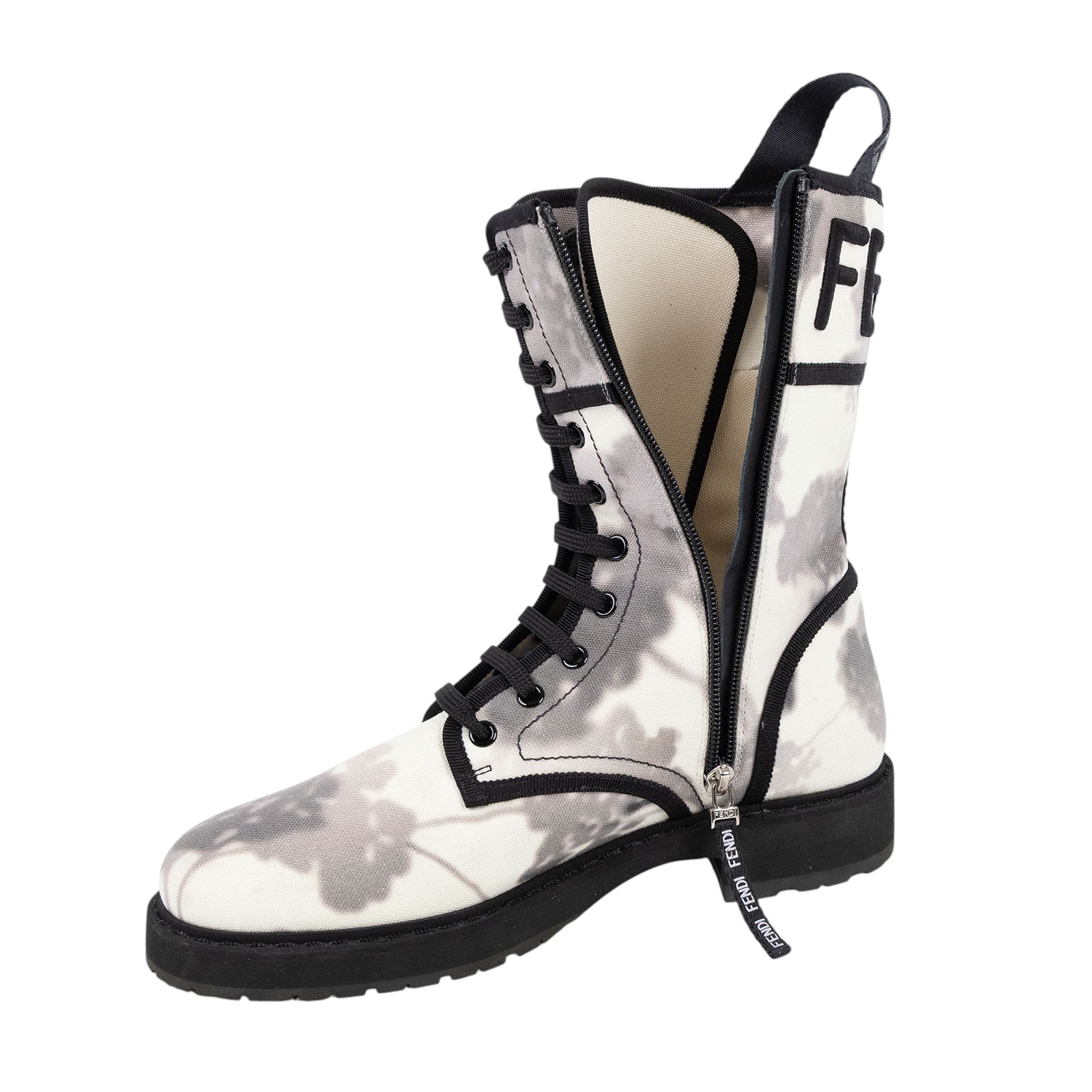 芬迪 FENDI 花卉印花 機車靴  黑灰水墨帆布中筒靴 無附屬品