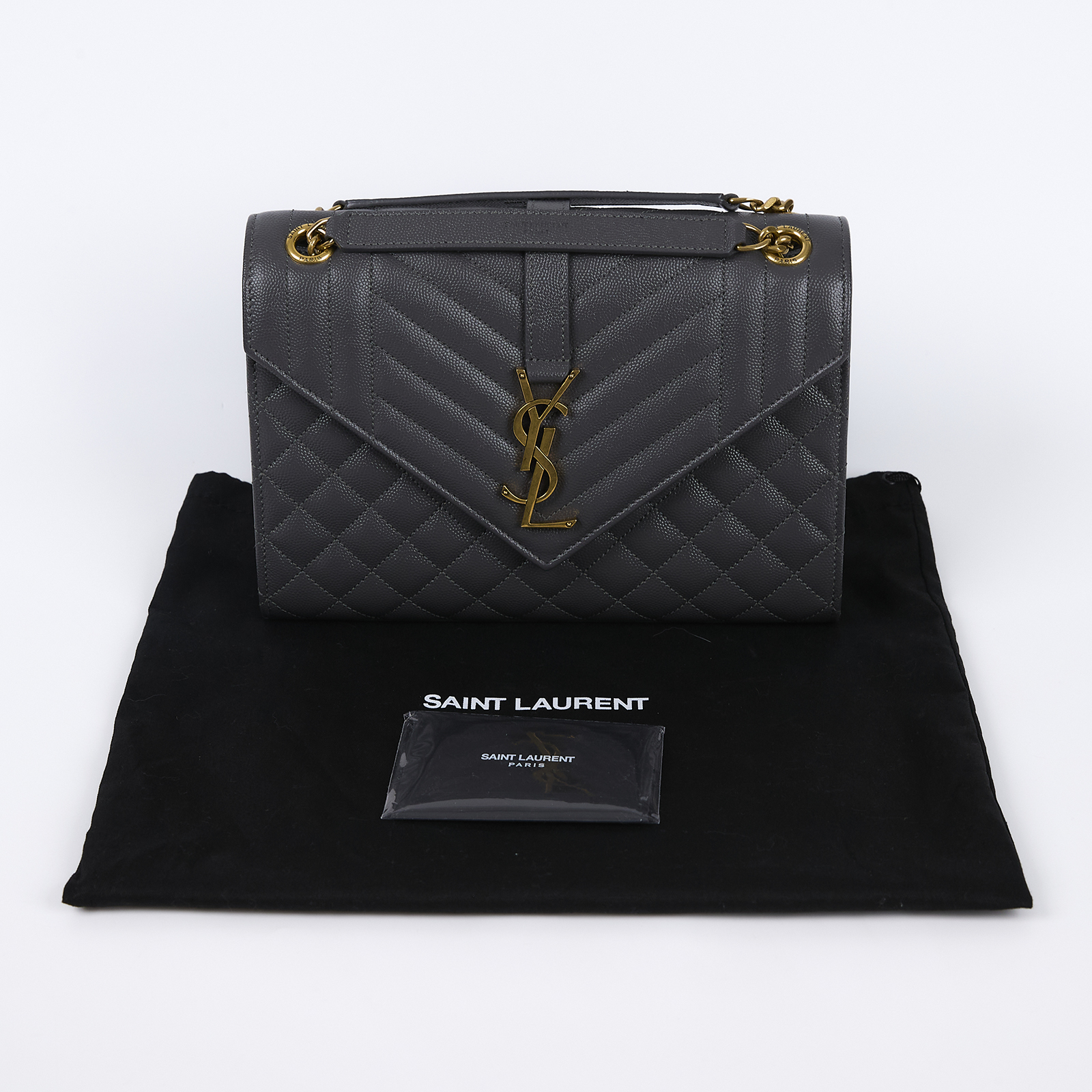 聖羅蘭 YSL SAINT LAURENT Envelope 灰色 粒面絎縫 牛皮 中型 信封袋 金色五金 600185BOW91  防塵袋