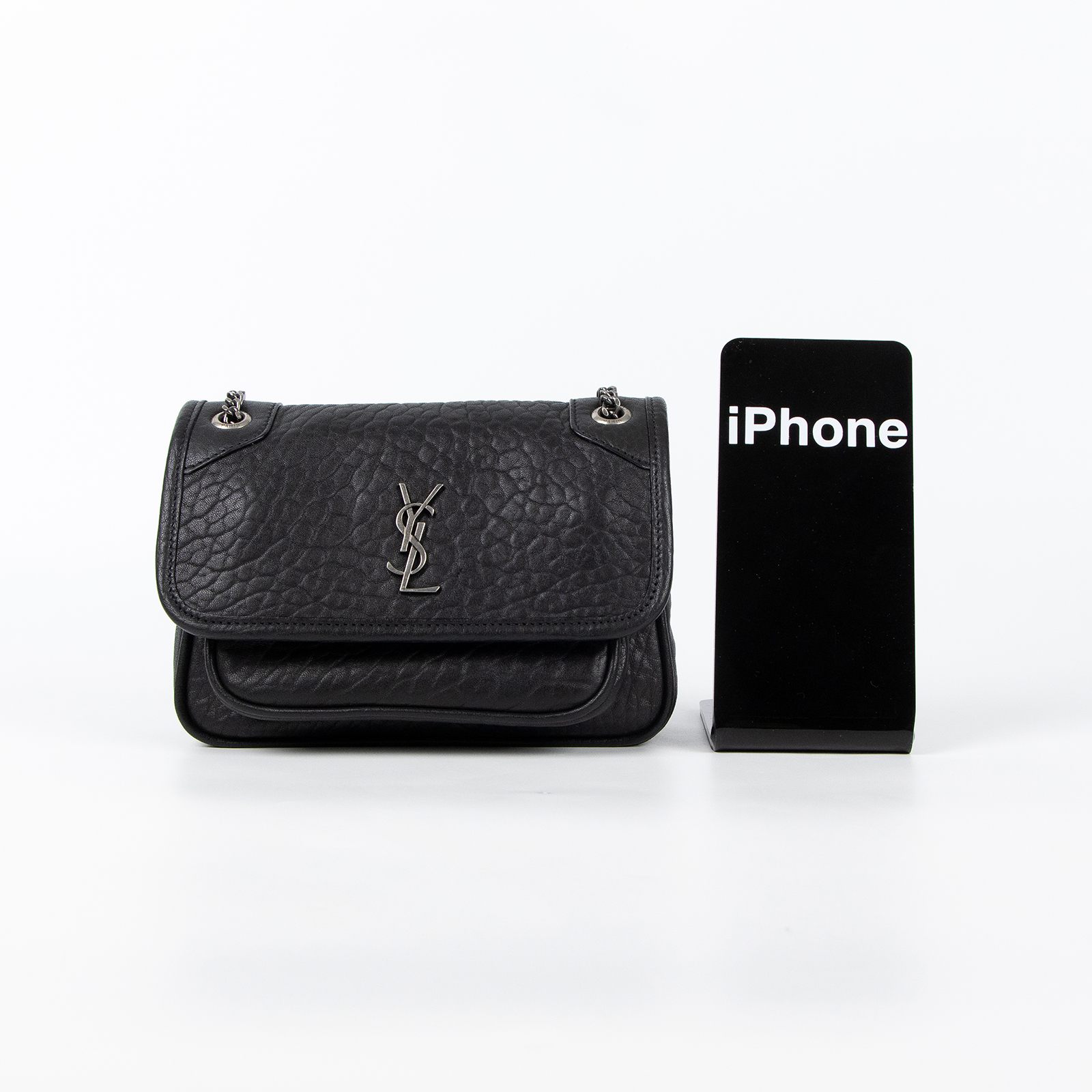 聖羅蘭 YSL SAINT LAURENT Niki 粒面小羊皮 迷你手袋 銀色五金 828736AACIA 黑銀粒面小羊皮NIKI MINI 原廠盒子/防塵袋