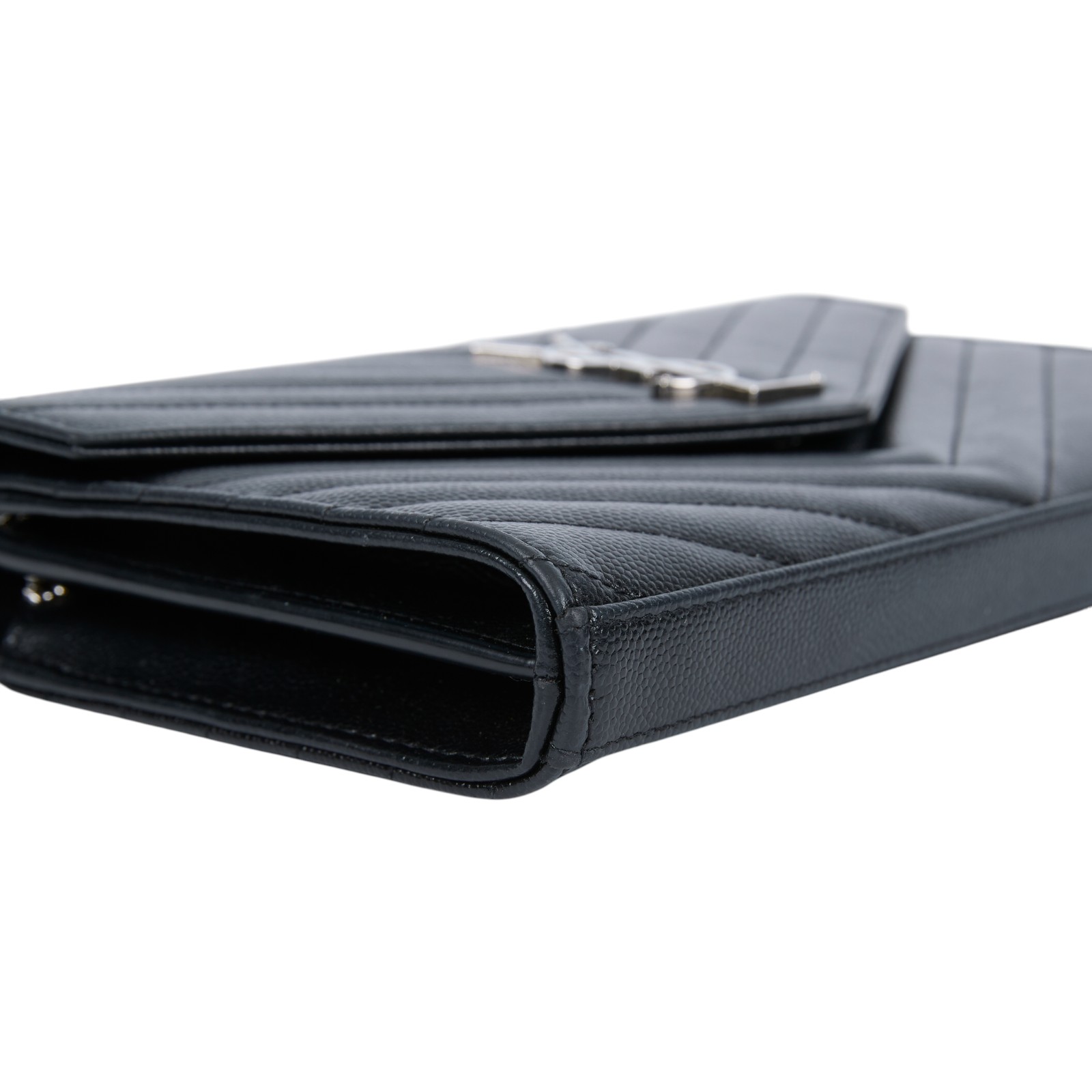 聖羅蘭 YSL SAINT LAURENT Cassandre 經典粒面皮革 鏈條 錢包 銀色五金 377828BOW02 黑銀魚子醬WOC 防塵袋/原廠盒子