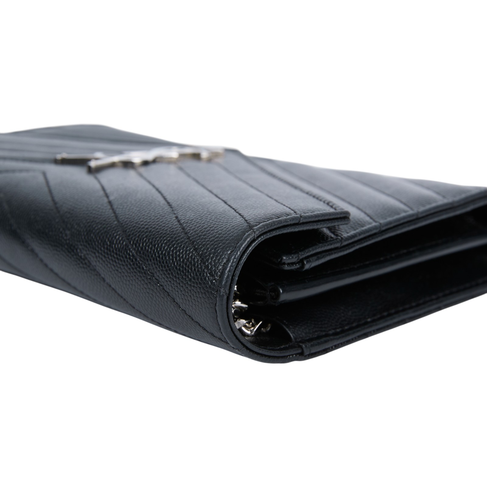 聖羅蘭 YSL SAINT LAURENT Cassandre 經典粒面皮革 鏈條 錢包 銀色五金 377828BOW02 黑銀魚子醬WOC 防塵袋/原廠盒子