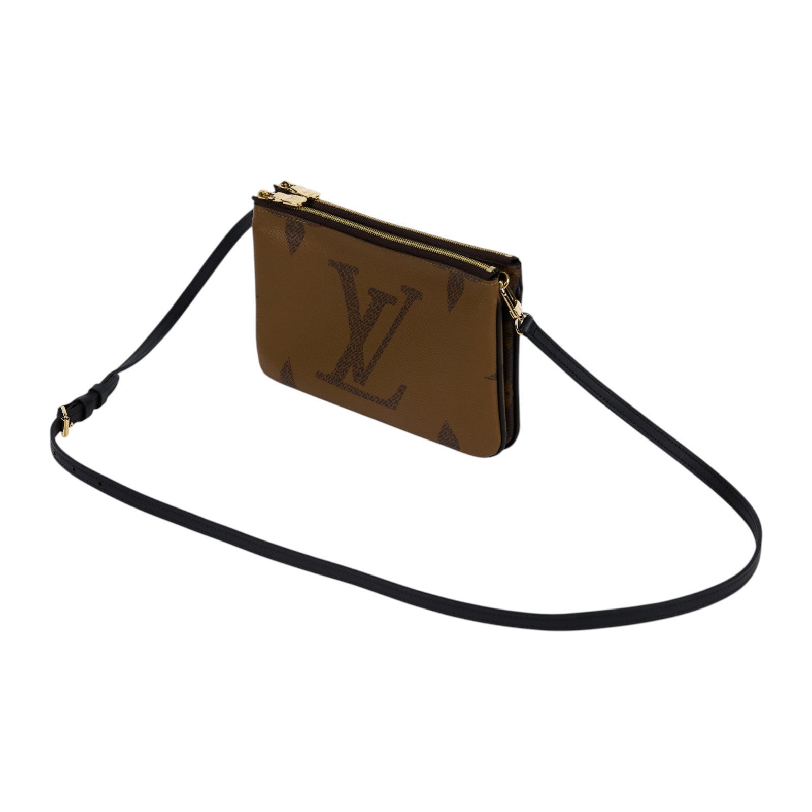 路易威登 LOUIS VUITTON Double Zip Pochette Reverse 帆布 多夾層手拿 斜背包 M69203 晶片款  原廠盒子/防塵袋/背帶