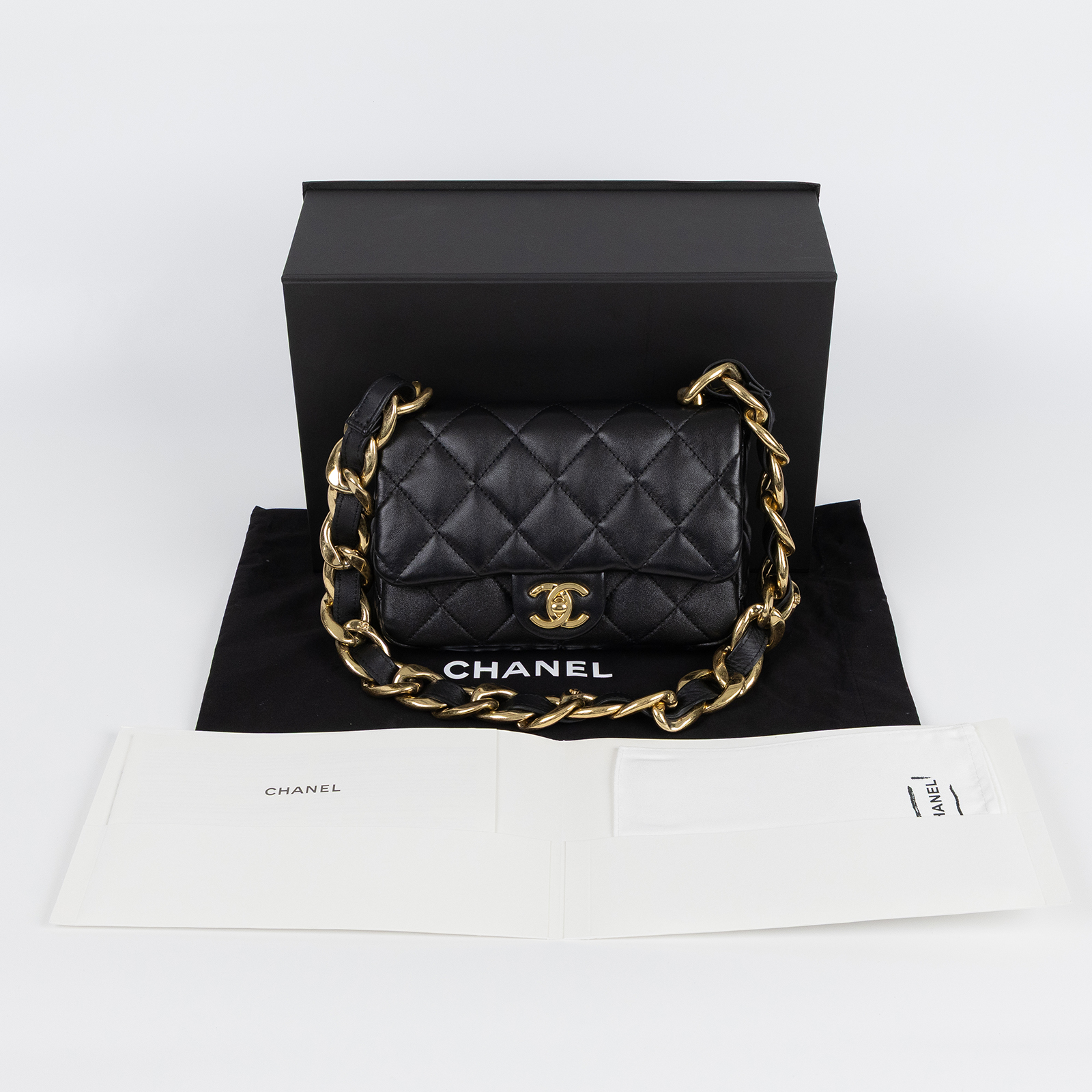 香奈兒 CHANEL 經典菱格 粗鍊 口蓋包 AS3215 晶片款 黑金仿舊粗鍊翻蓋包 原廠盒子/防塵袋