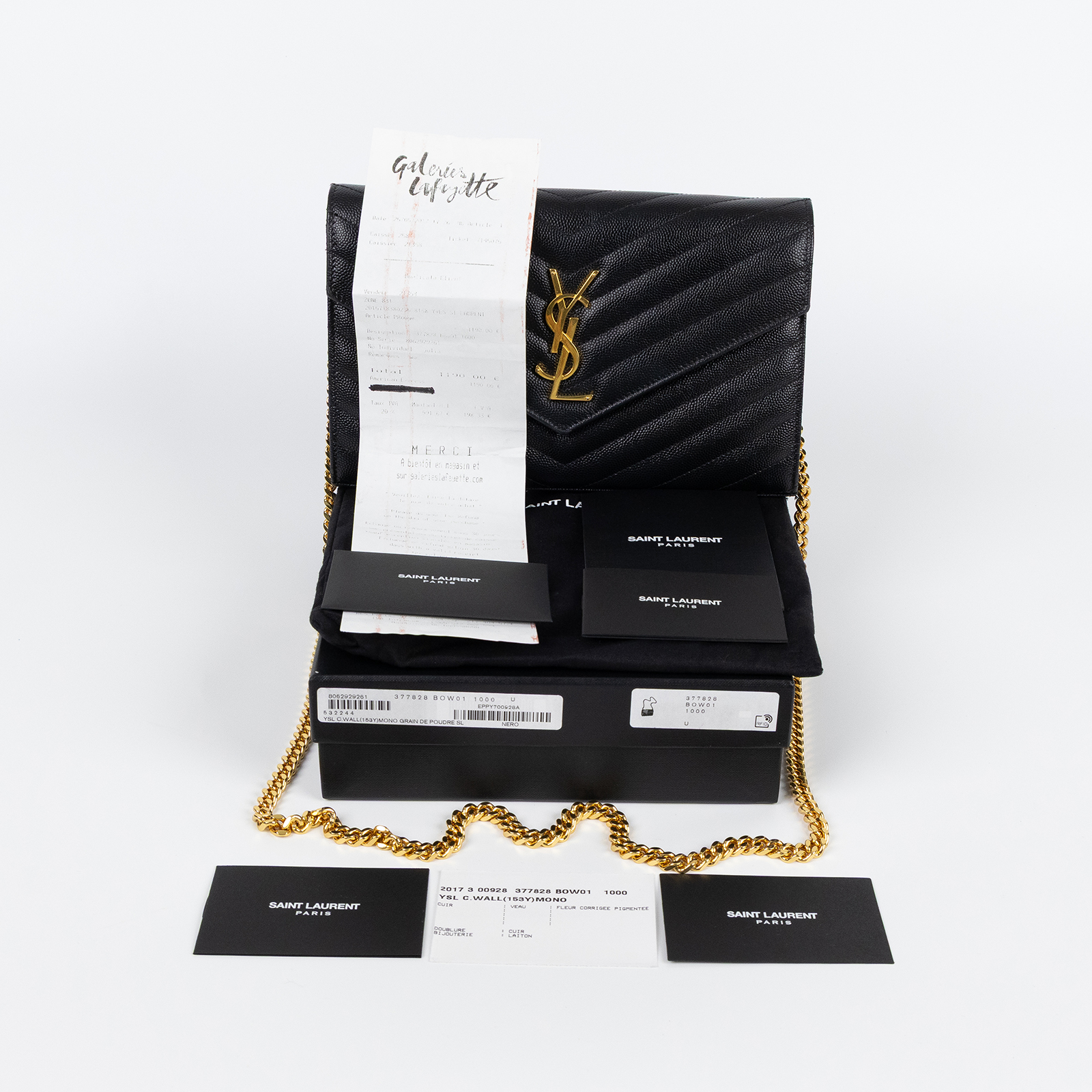 聖羅蘭 YSL SAINT LAURENT Cassandre 經典粒面皮革 鏈條 錢包 金色五金 377828BOW01  原廠盒子/防塵袋/購買證明