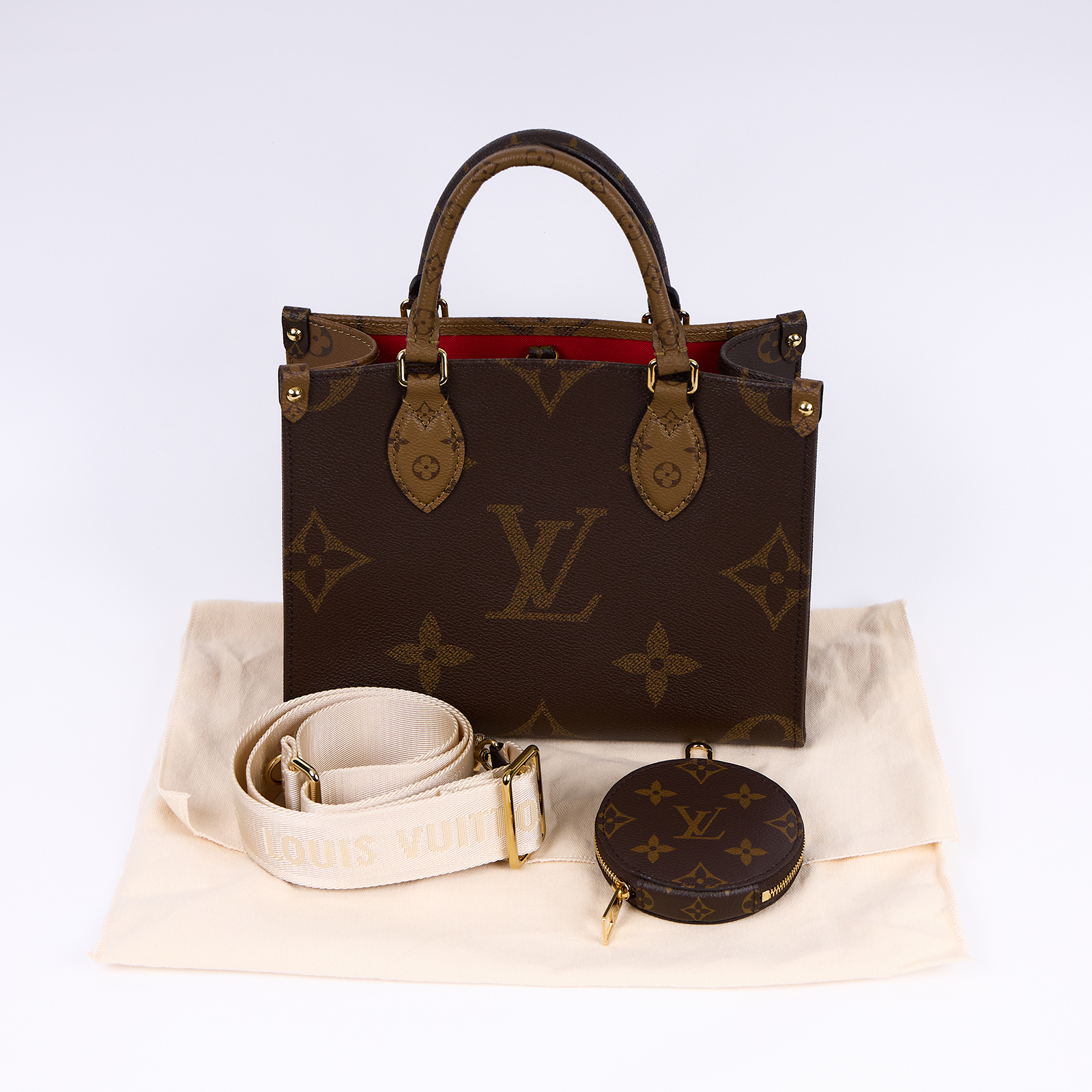 路易威登 LOUIS VUITTON OnTheGo PM 雙色帆布 手提 斜背包 M46373 晶片款 原花ON THE GO PM 防塵袋/背帶/零錢包