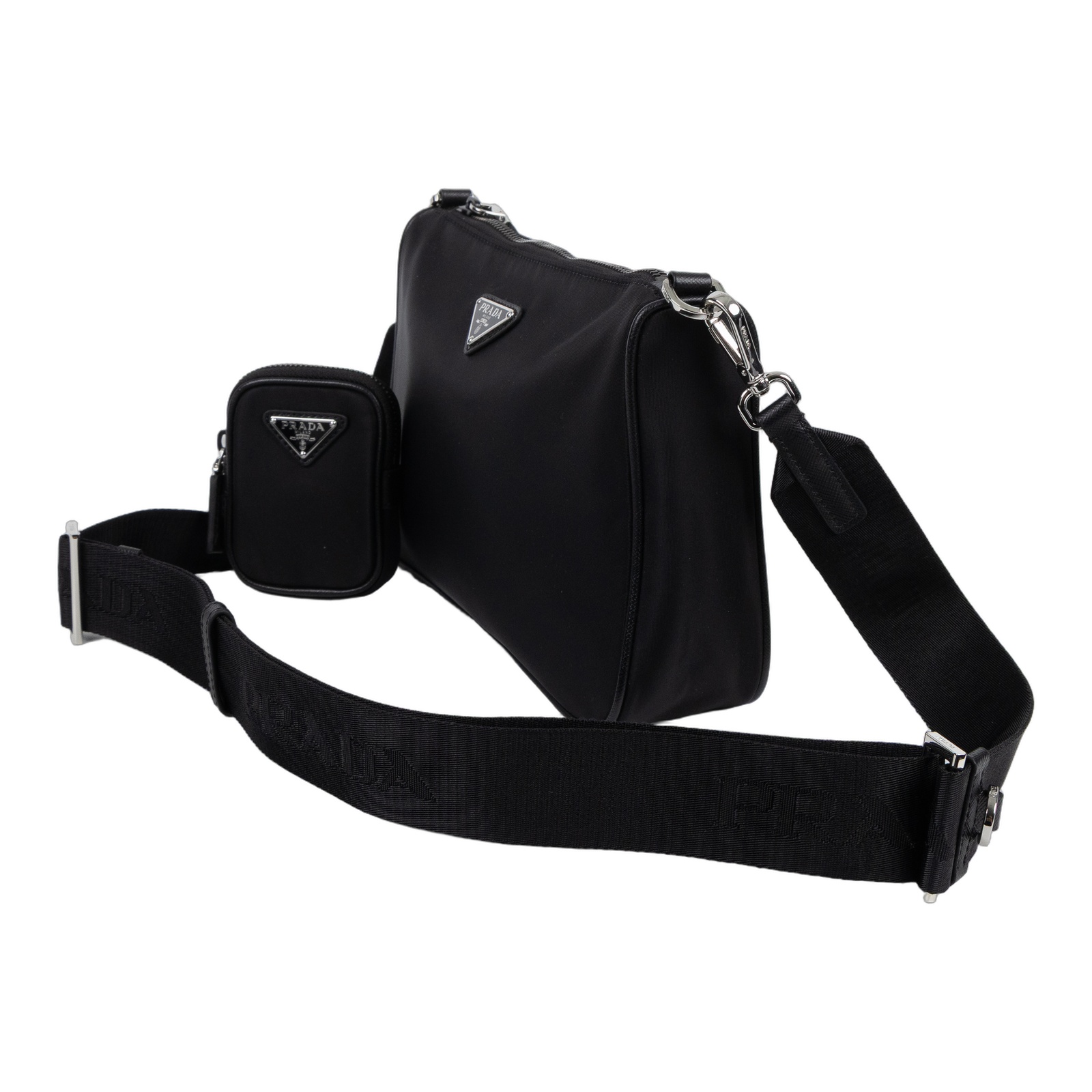 普拉達 PRADA Re-Nylon Saffiano 皮革肩背袋 2VH113_2DMH 黑尼龍二合一斜背包 背帶/子包/防塵袋