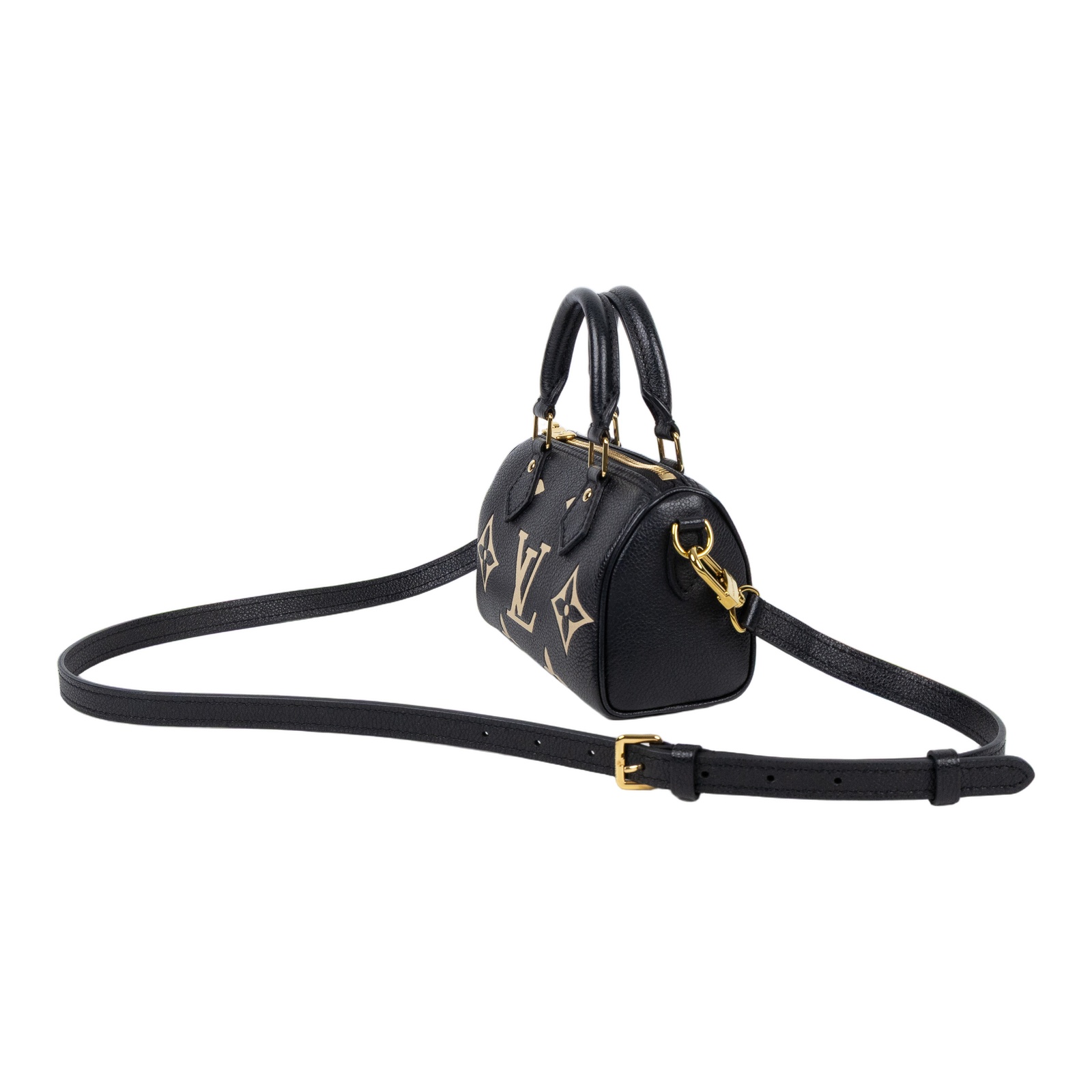 路易威登 LOUIS VUITTON Nano Speedy 雙色 手提 肩背包 M81456 晶片款 黑白壓花NANO SPEEEDY 原廠盒子/背帶