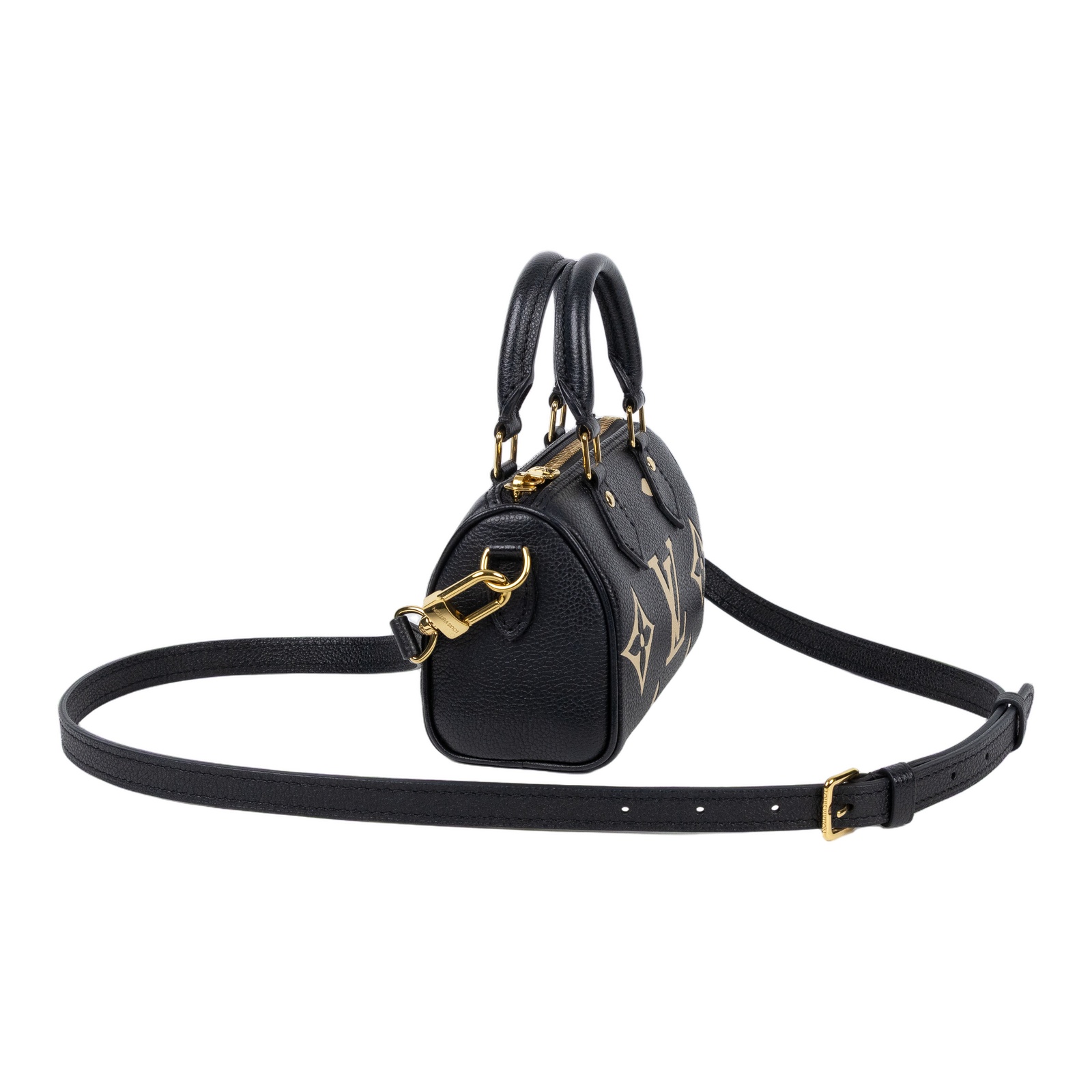 路易威登 LOUIS VUITTON Nano Speedy 雙色 手提 肩背包 M81456 晶片款 黑白壓花NANO SPEEEDY 原廠盒子/背帶