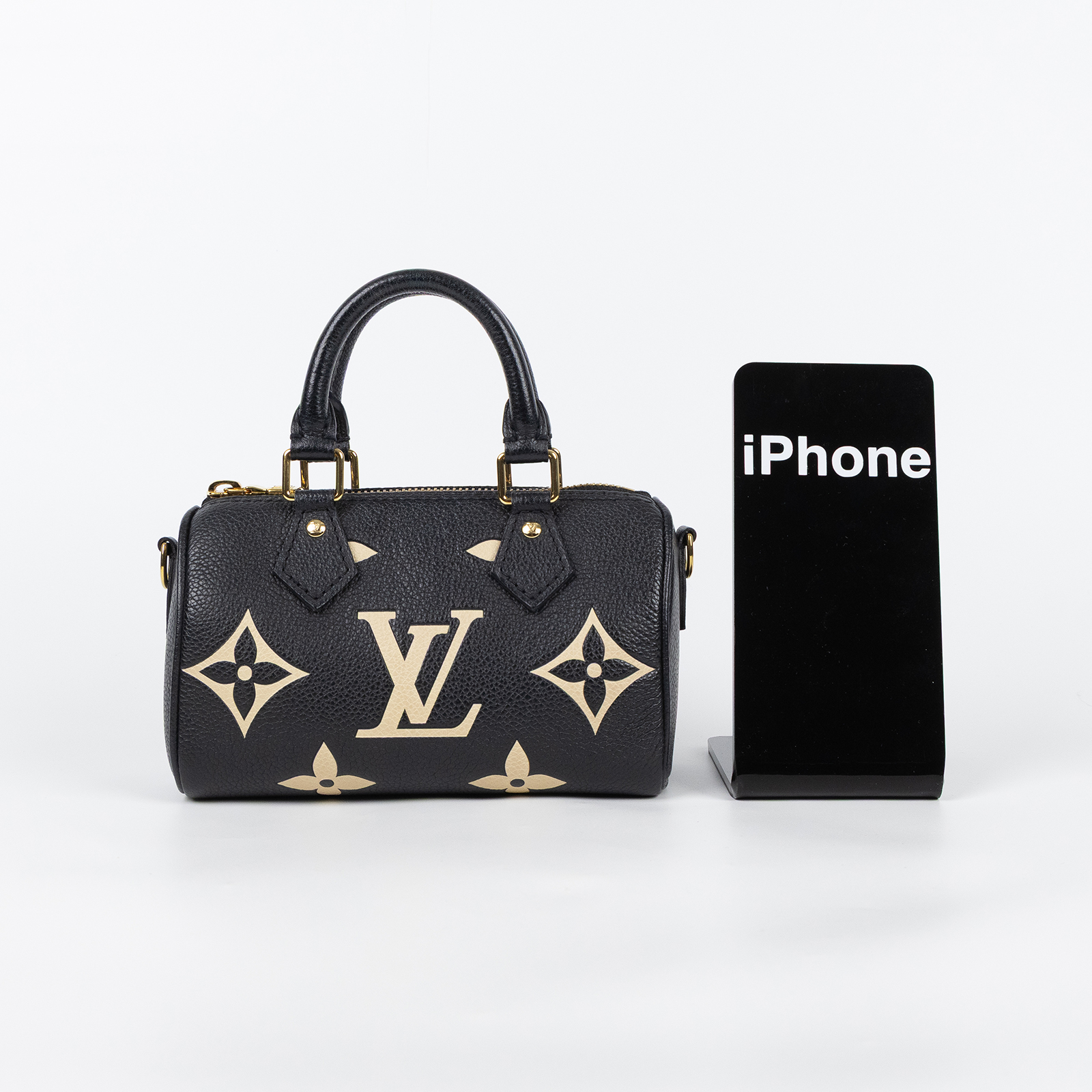 路易威登 LOUIS VUITTON Nano Speedy 雙色 手提 肩背包 M81456 晶片款 黑白壓花NANO SPEEEDY 原廠盒子/背帶