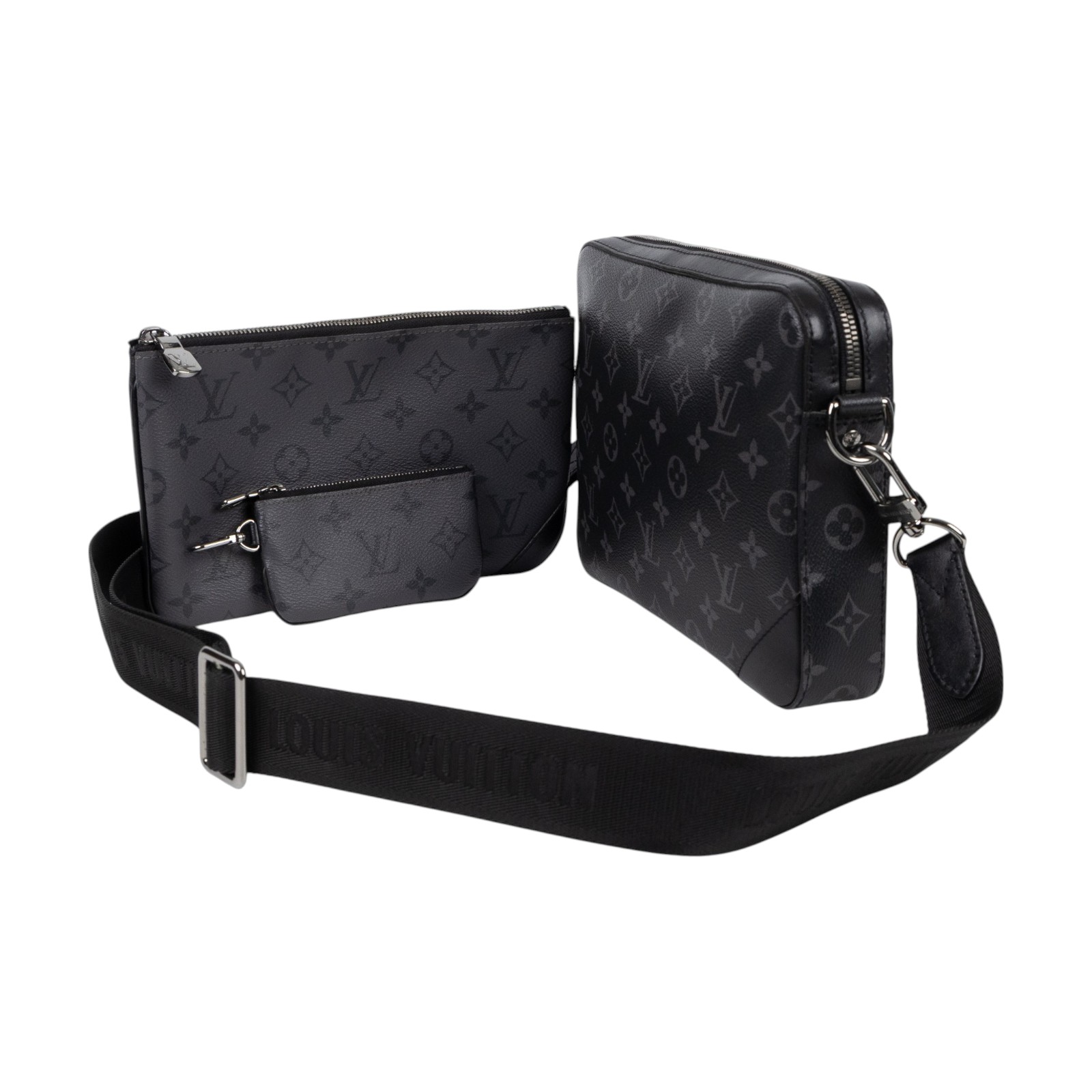 路易威登 LOUIS VUITTON Trio 郵差包 Eclipse帆布 黑色 灰色 M69443 晶片款  原廠盒子/防塵袋/購買證明/子包2/背帶
