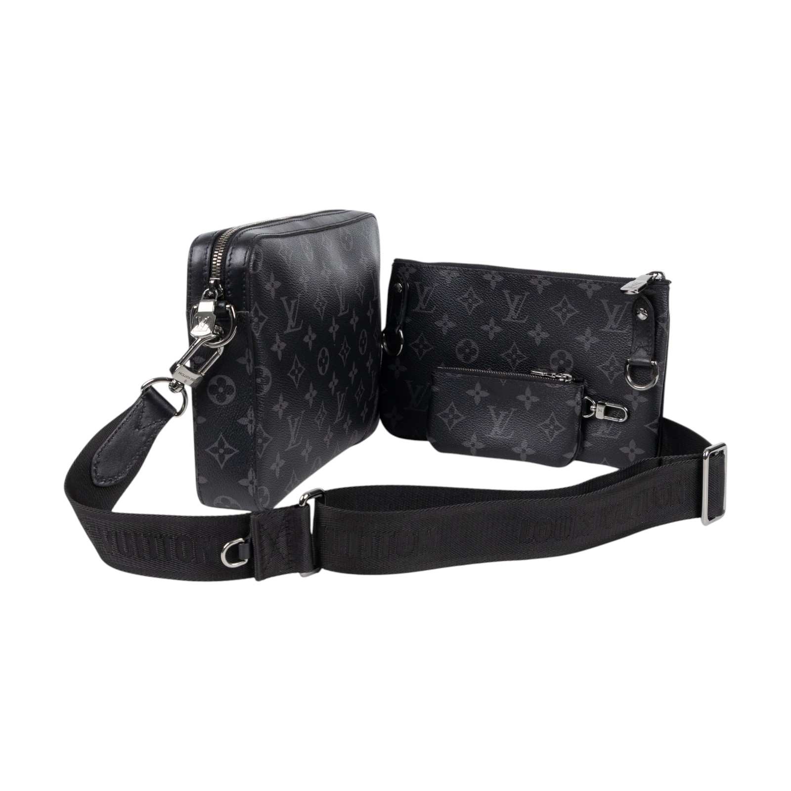 路易威登 LOUIS VUITTON Trio 郵差包 Eclipse帆布 黑色 灰色 M69443 晶片款  原廠盒子/防塵袋/購買證明/子包2/背帶