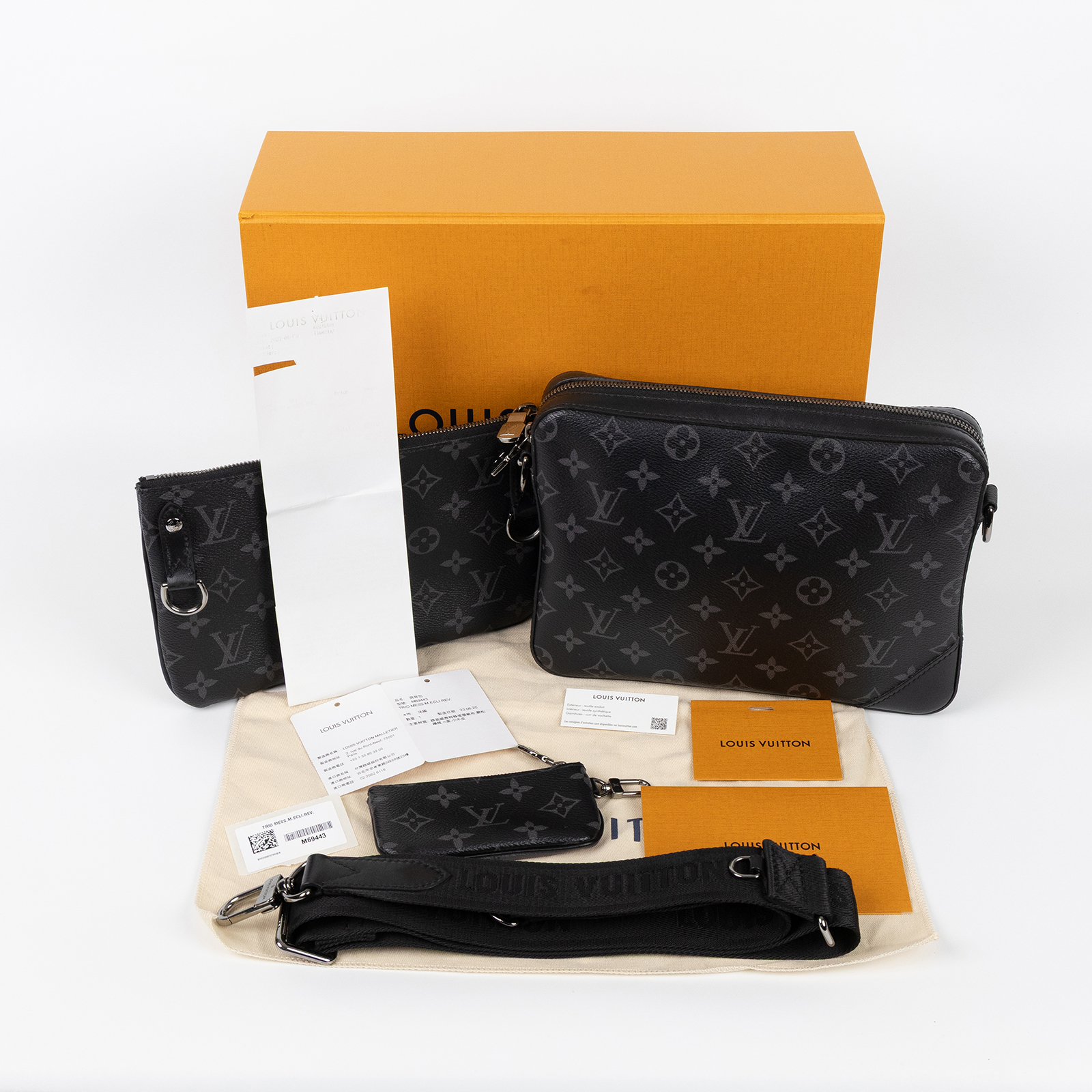 路易威登 LOUIS VUITTON Trio 郵差包 Eclipse帆布 黑色 灰色 M69443 晶片款  原廠盒子/防塵袋/購買證明/子包2/背帶