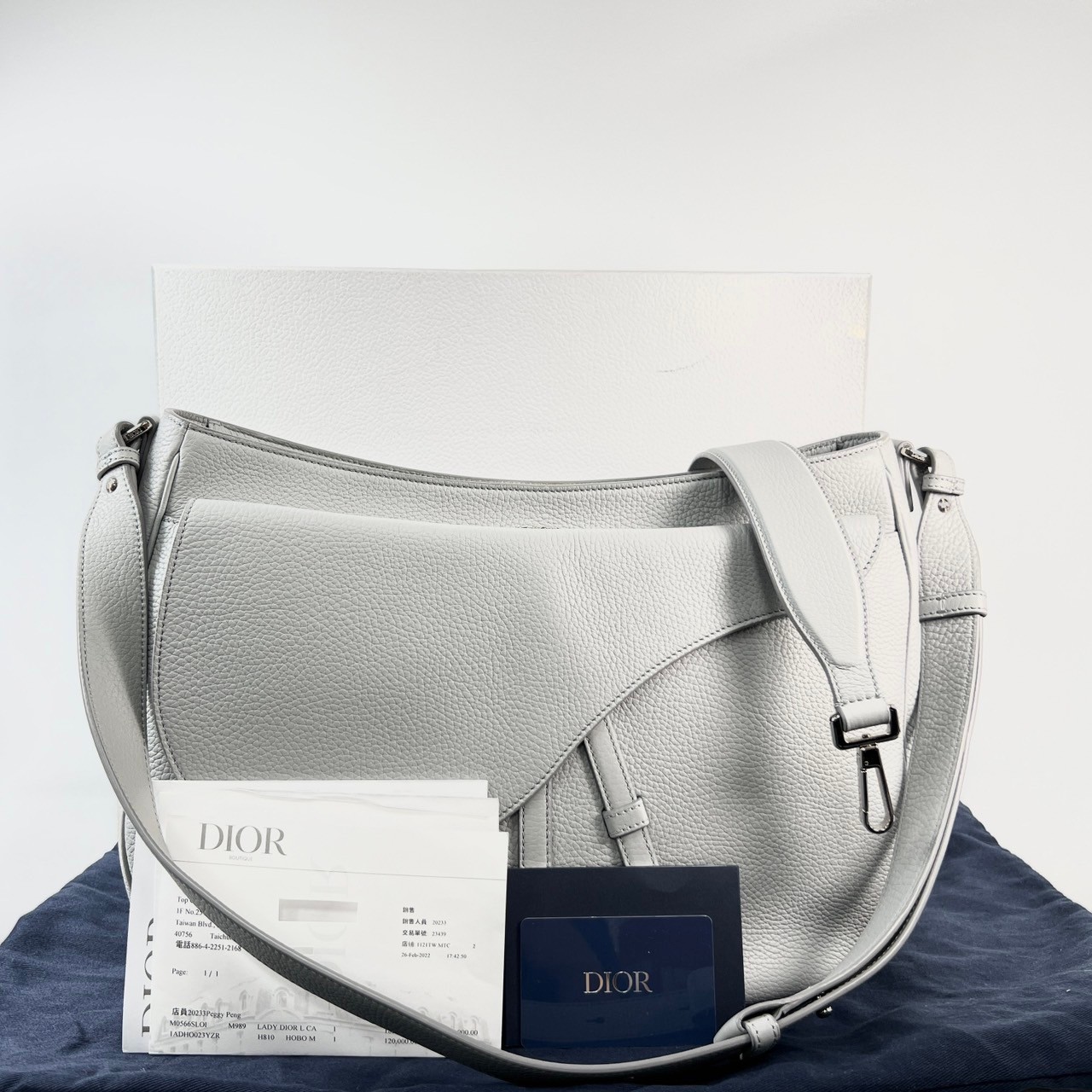 迪奧 CHRISTIAN DIOR Saddle 馬鞍包 肩背 手提包 1ADHO023YZR 灰HOBO M 原廠盒子/防塵袋/購買證明/背帶2