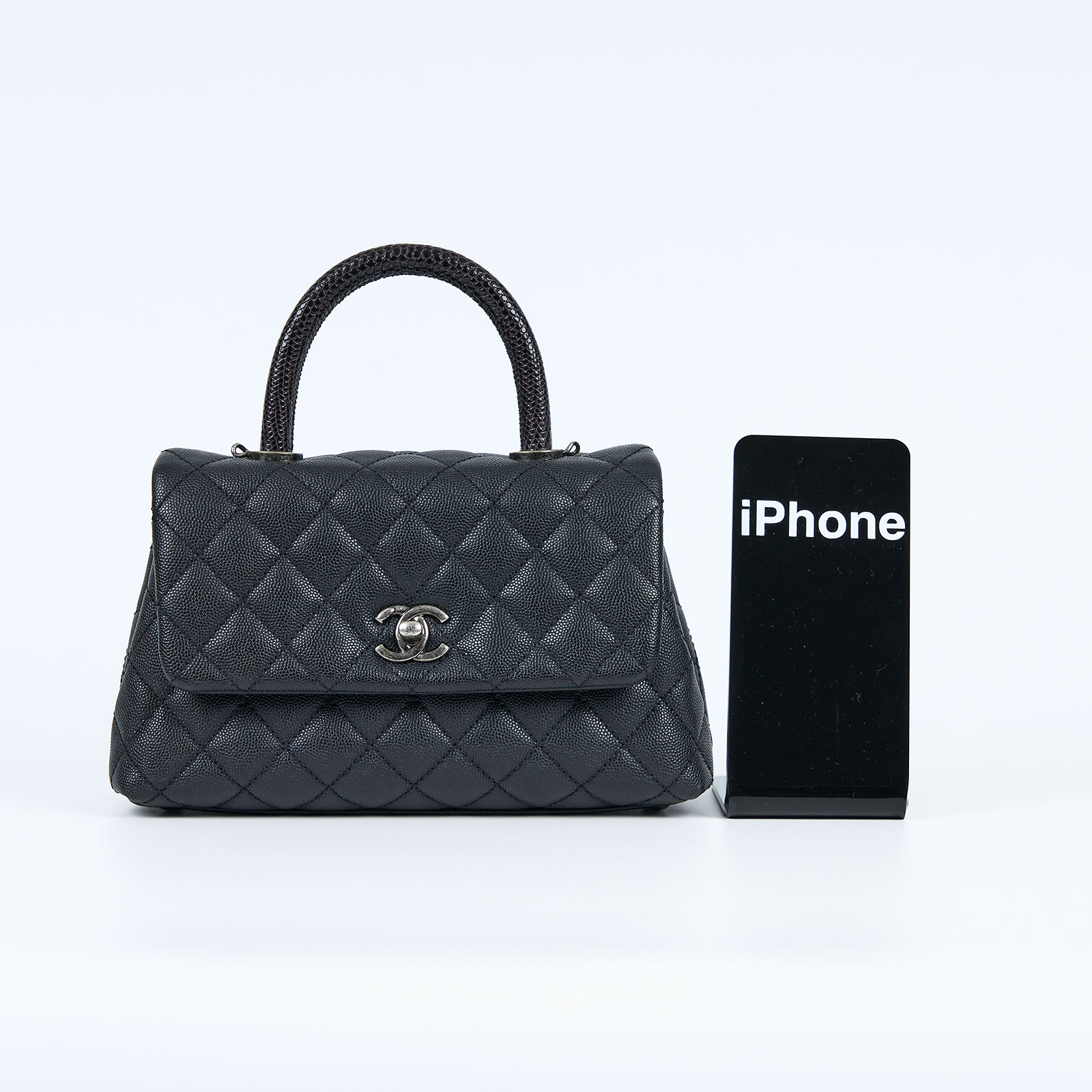 香奈兒 CHANEL Handle 24 手提 口蓋包 A92990 23開黑銀荔枝牛COCO HANDLE23 蜥蜴皮手把 原廠盒子/防塵袋/保證卡