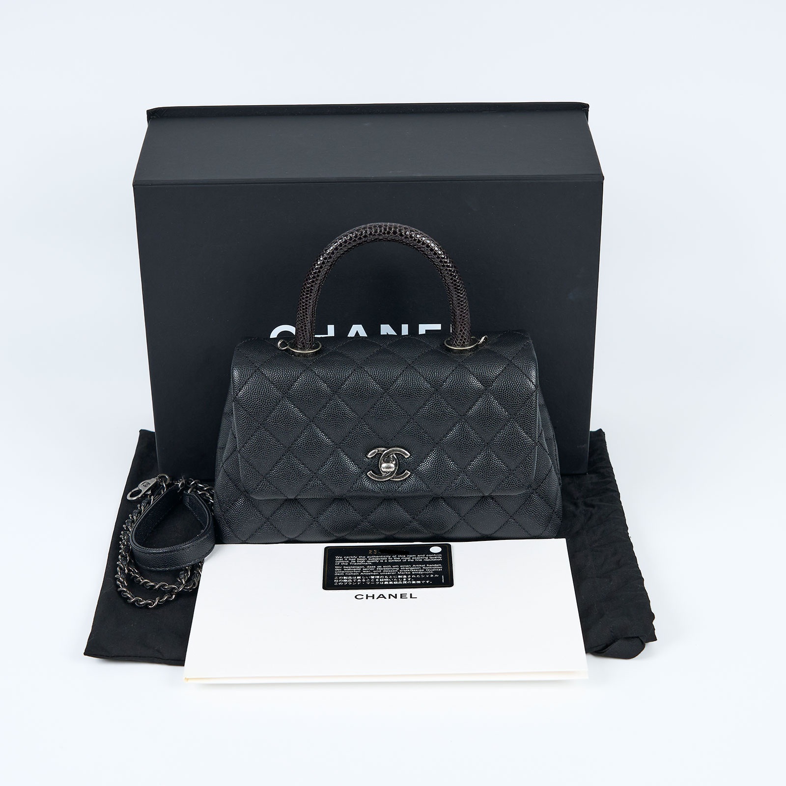 香奈兒 CHANEL Handle 24 手提 口蓋包 A92990 23開黑銀荔枝牛COCO HANDLE23 蜥蜴皮手把 原廠盒子/防塵袋/保證卡