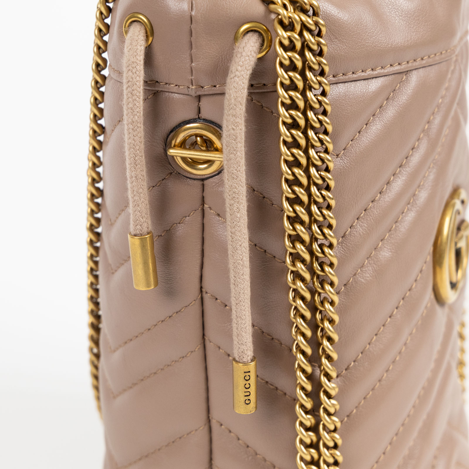 古馳 GUCCI Marmont 小牛皮 迷你 斜背 水筒包 575163 藕粉MARMONT水桶包 原廠盒子/防塵袋/背帶