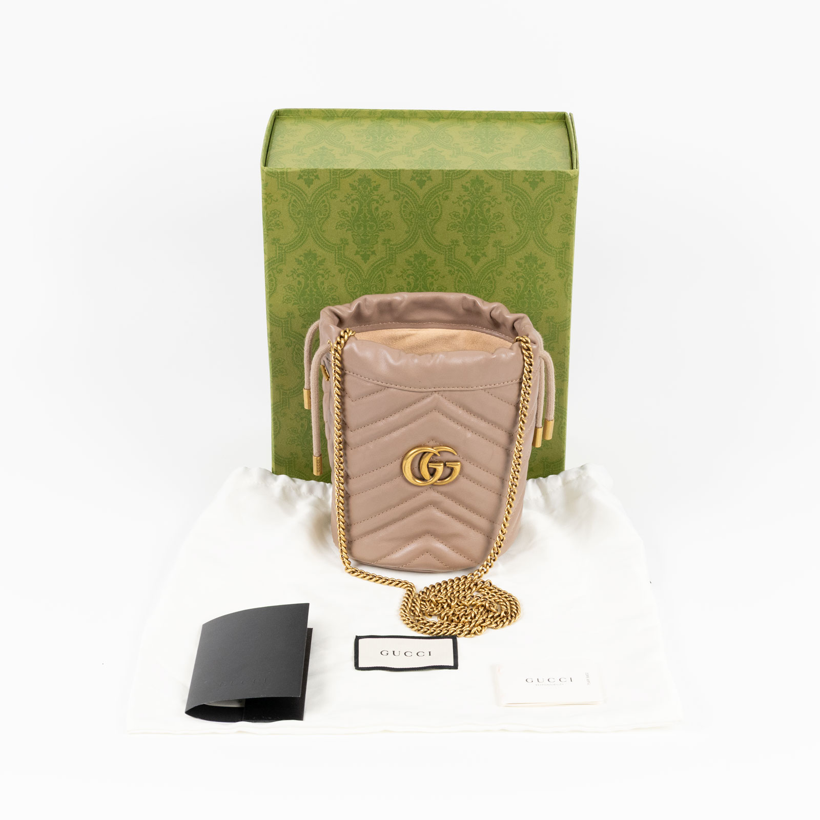 古馳 GUCCI Marmont 小牛皮 迷你 斜背 水筒包 575163 藕粉MARMONT水桶包 原廠盒子/防塵袋/背帶