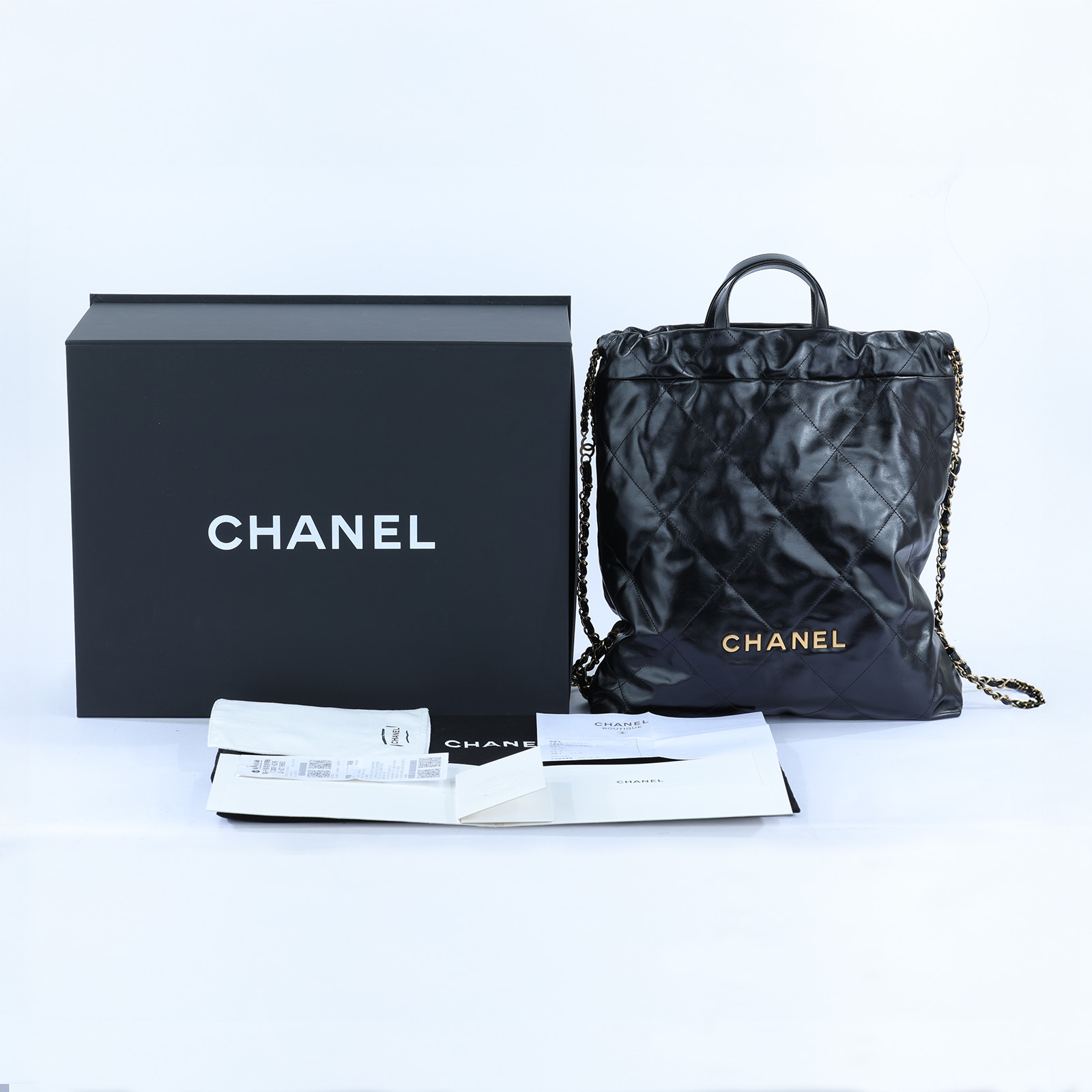 香奈兒 CHANEL 22 手提 後背包  晶片款 黑金羊22後背包 原廠盒子/防塵袋/購買證明影本/發票