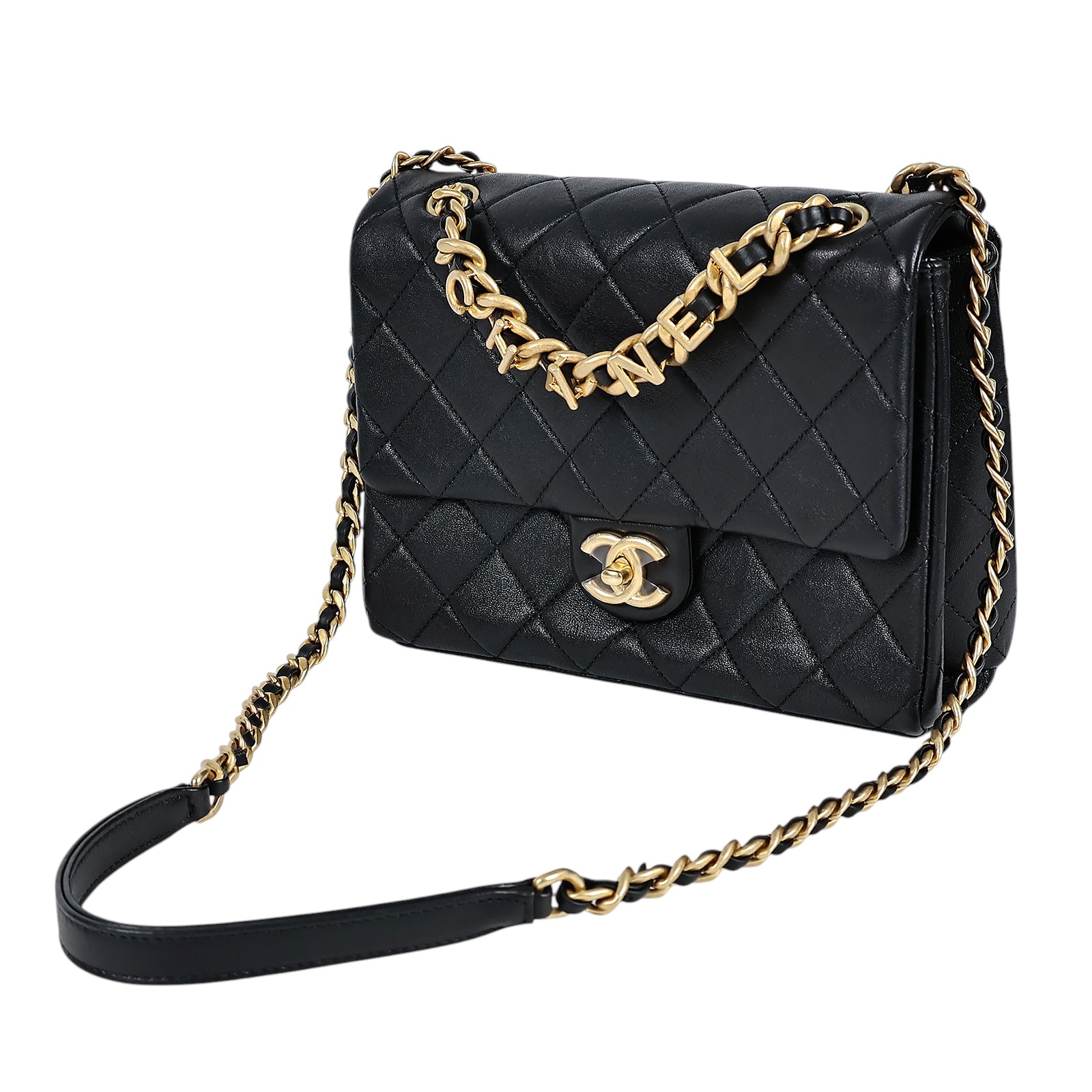 香奈兒 CHANEL 字母鍊條 口蓋包 AS3885 晶片款 黑金羊LOGO金鍊包 原廠盒子/購買證明