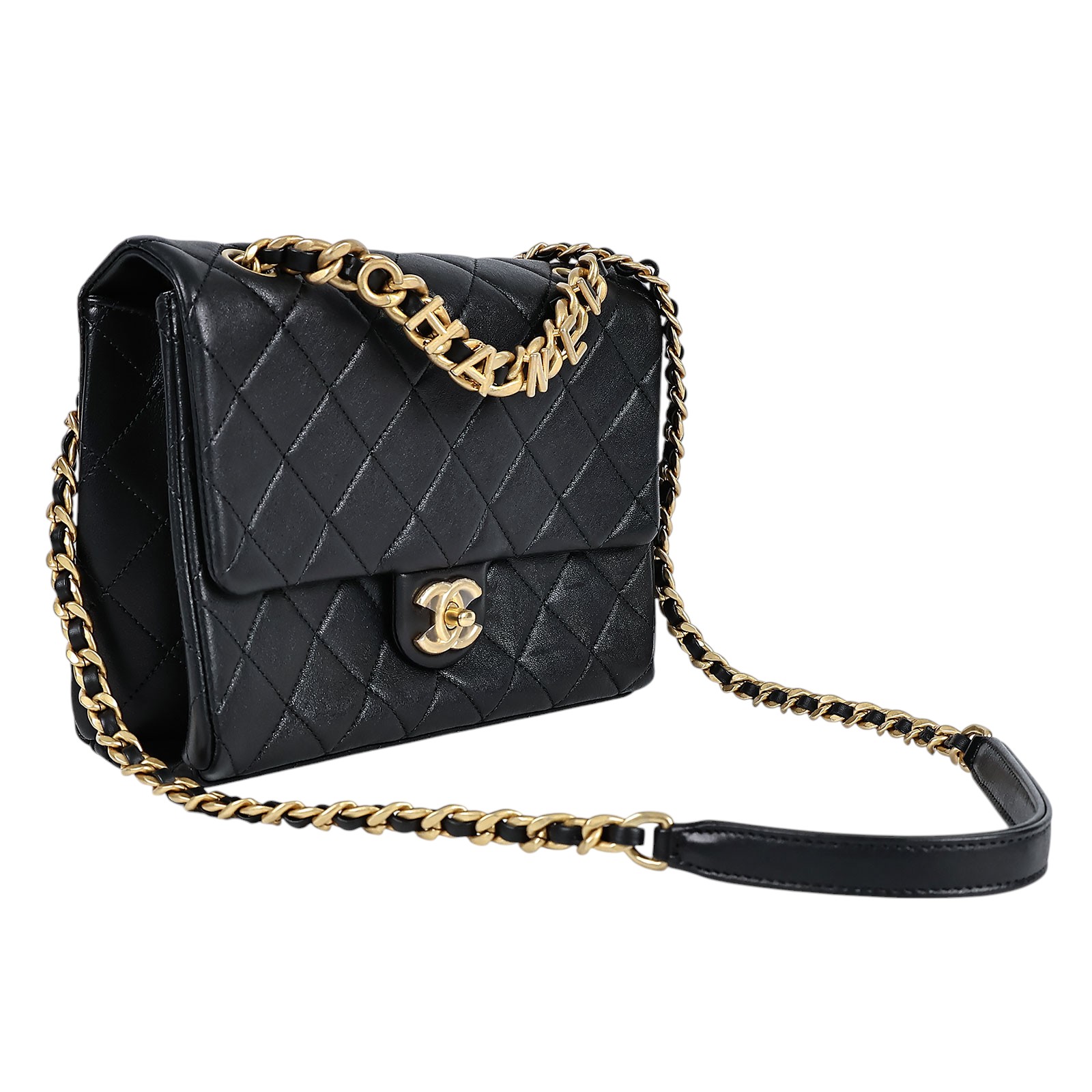 香奈兒 CHANEL 字母鍊條 口蓋包 AS3885 晶片款 黑金羊LOGO金鍊包 原廠盒子/購買證明