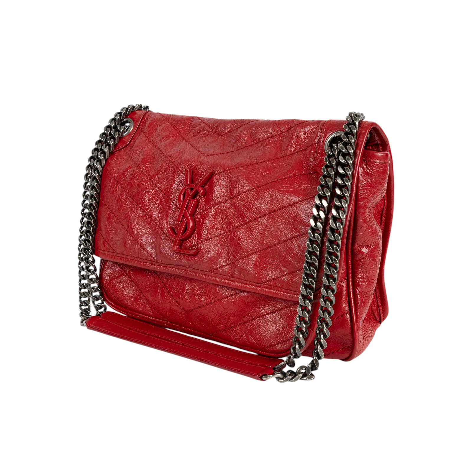 聖羅蘭 YSL SAINT LAURENT NIKI  復古皮革 山型紋 翻蓋 肩背包 中型 4988940EN04 紅油蠟皮NIKI MEDIUM 無附屬品