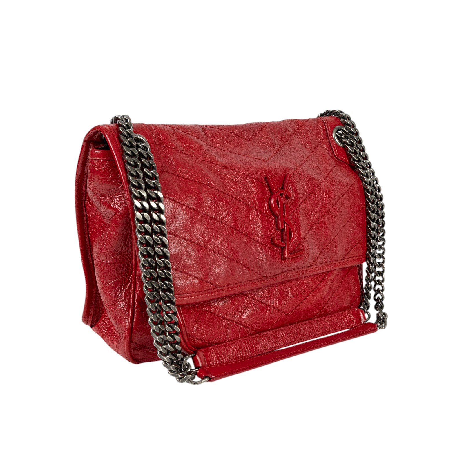 聖羅蘭 YSL SAINT LAURENT NIKI  復古皮革 山型紋 翻蓋 肩背包 中型 4988940EN04 紅油蠟皮NIKI MEDIUM 無附屬品