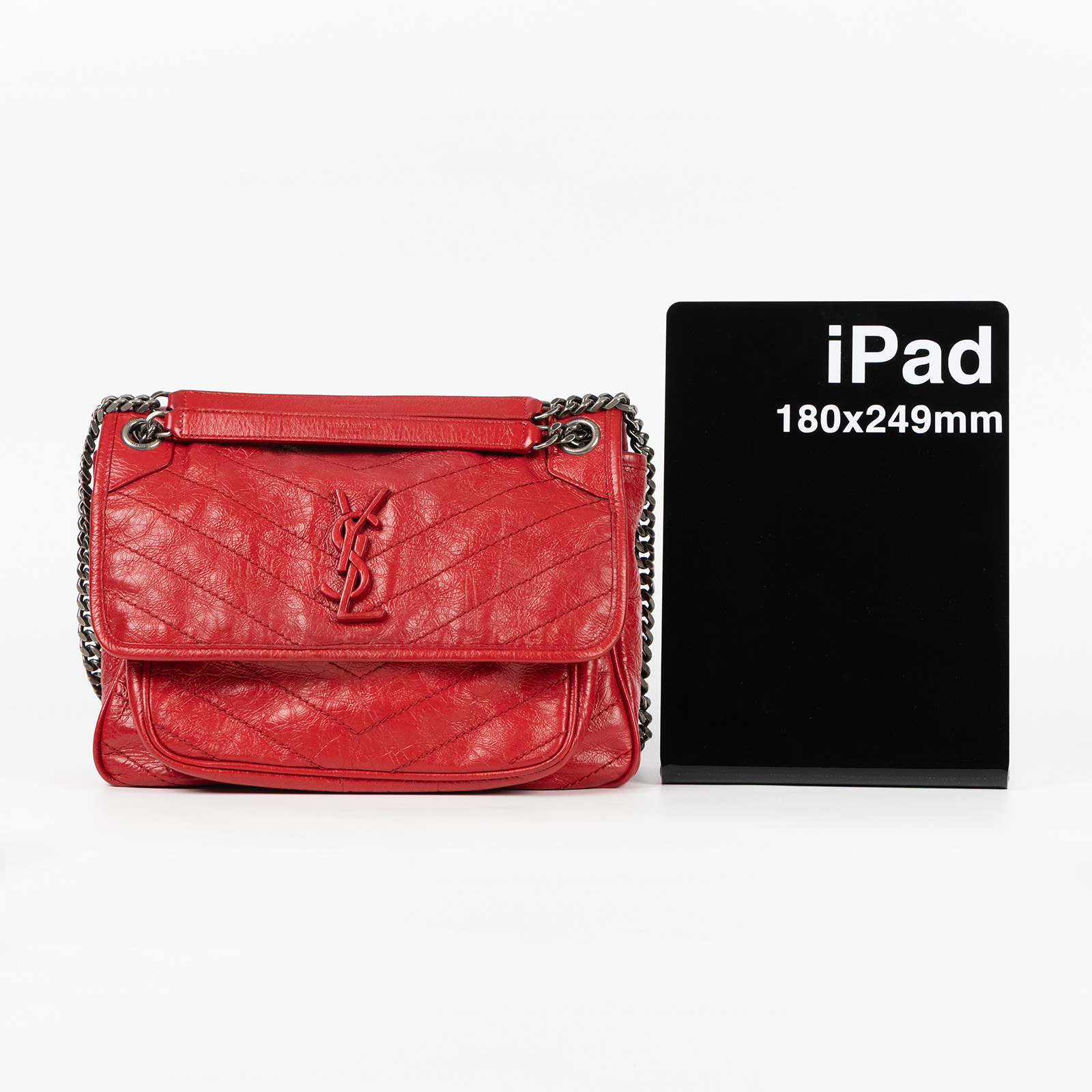 聖羅蘭 YSL SAINT LAURENT NIKI  復古皮革 山型紋 翻蓋 肩背包 中型 4988940EN04 紅油蠟皮NIKI MEDIUM 無附屬品