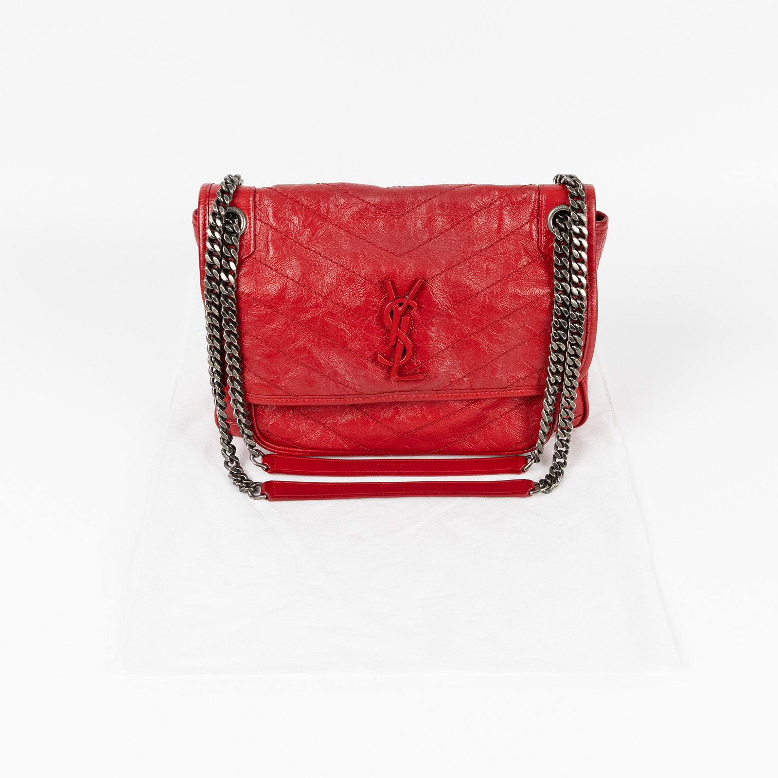 聖羅蘭 YSL SAINT LAURENT NIKI  復古皮革 山型紋 翻蓋 肩背包 中型 4988940EN04 紅油蠟皮NIKI MEDIUM 無附屬品