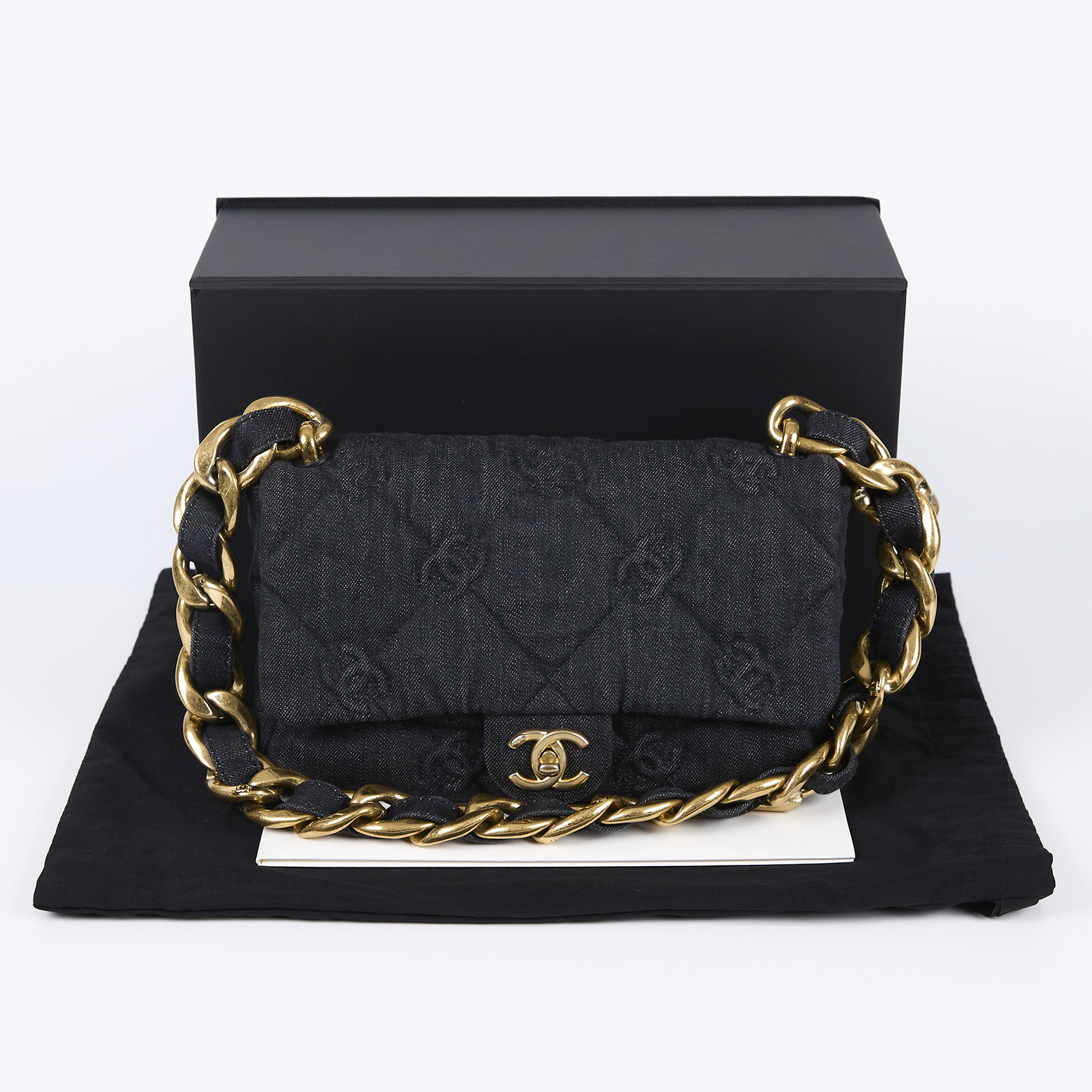 香奈兒 CHANEL 粗鍊條 肩背 口蓋包 AS3216 晶片款 黑牛仔粗鍊肩背包 原廠盒子/防塵袋