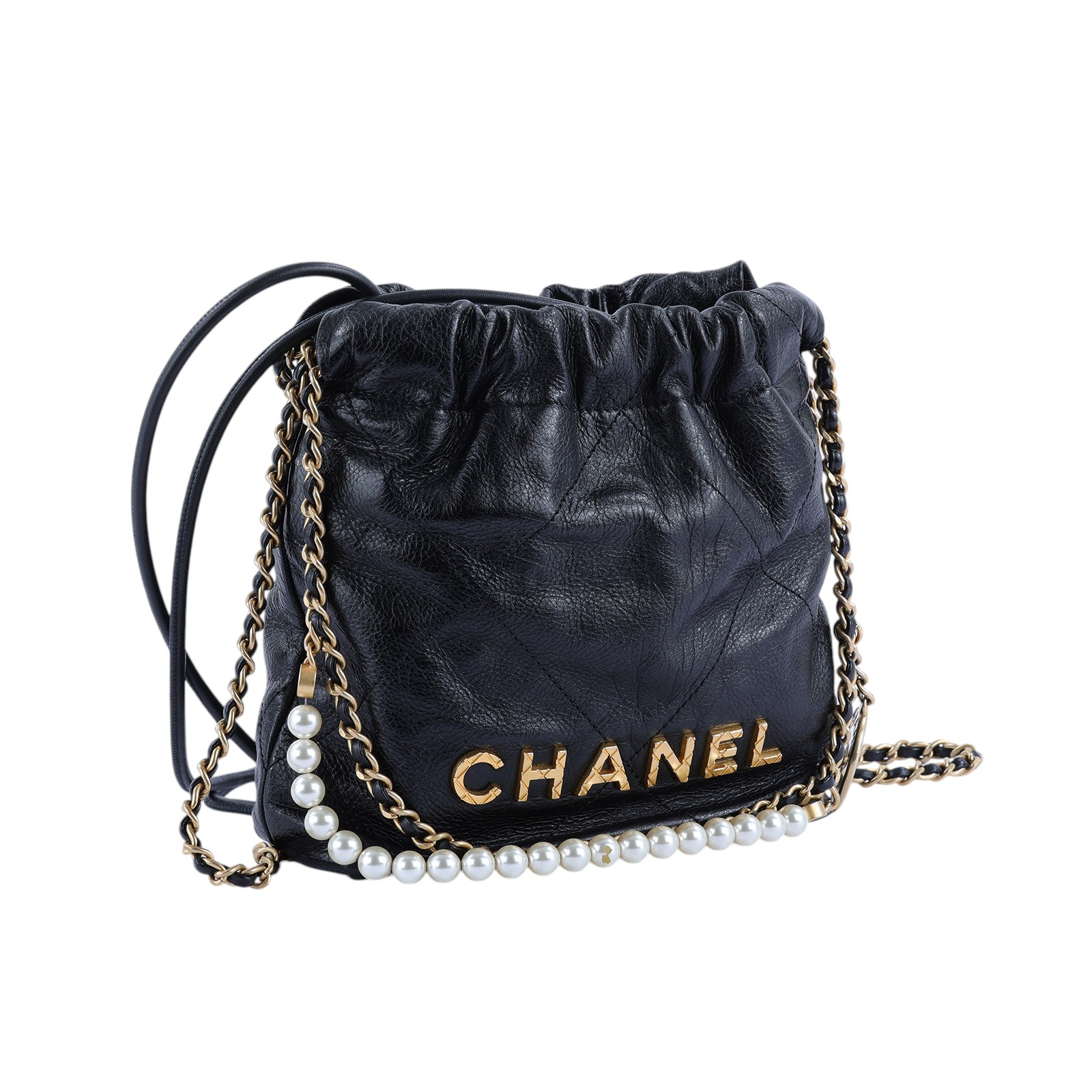 香奈兒 CHANEL 22 迷你 束口包 AS3980 晶片款 黑金牛珍珠荔枝22 MINI BAG 原廠盒子/防塵袋/購買證明影本