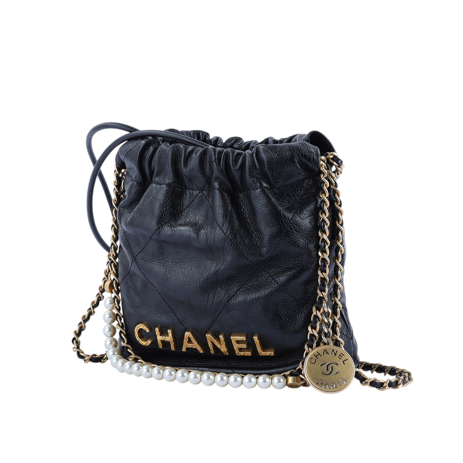 香奈兒 CHANEL 22 迷你 束口包 AS3980 晶片款 黑金牛珍珠荔枝22 MINI BAG 原廠盒子/防塵袋/購買證明影本