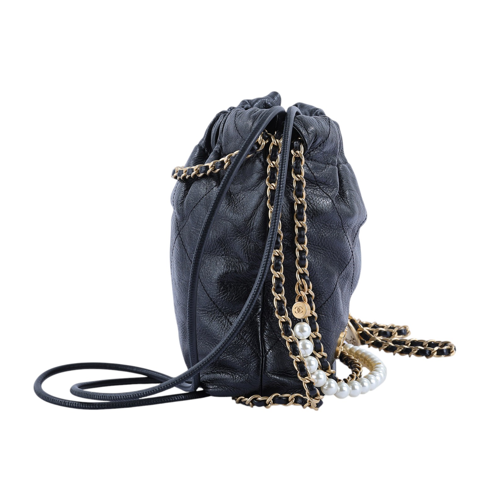 香奈兒 CHANEL 22 迷你 束口包 AS3980 晶片款 黑金牛珍珠荔枝22 MINI BAG 原廠盒子/防塵袋/購買證明影本