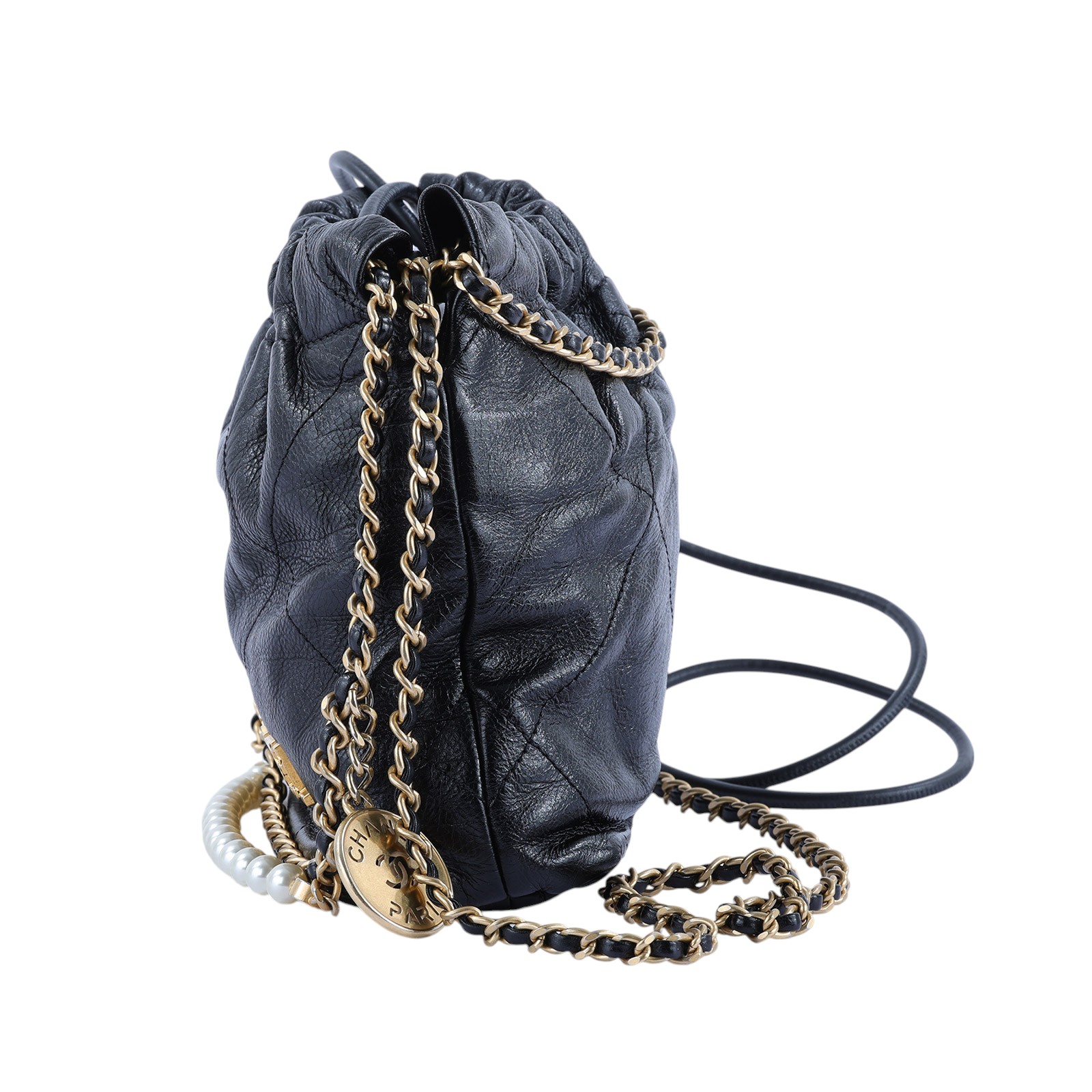 香奈兒 CHANEL 22 迷你 束口包 AS3980 晶片款 黑金牛珍珠荔枝22 MINI BAG 原廠盒子/防塵袋/購買證明影本