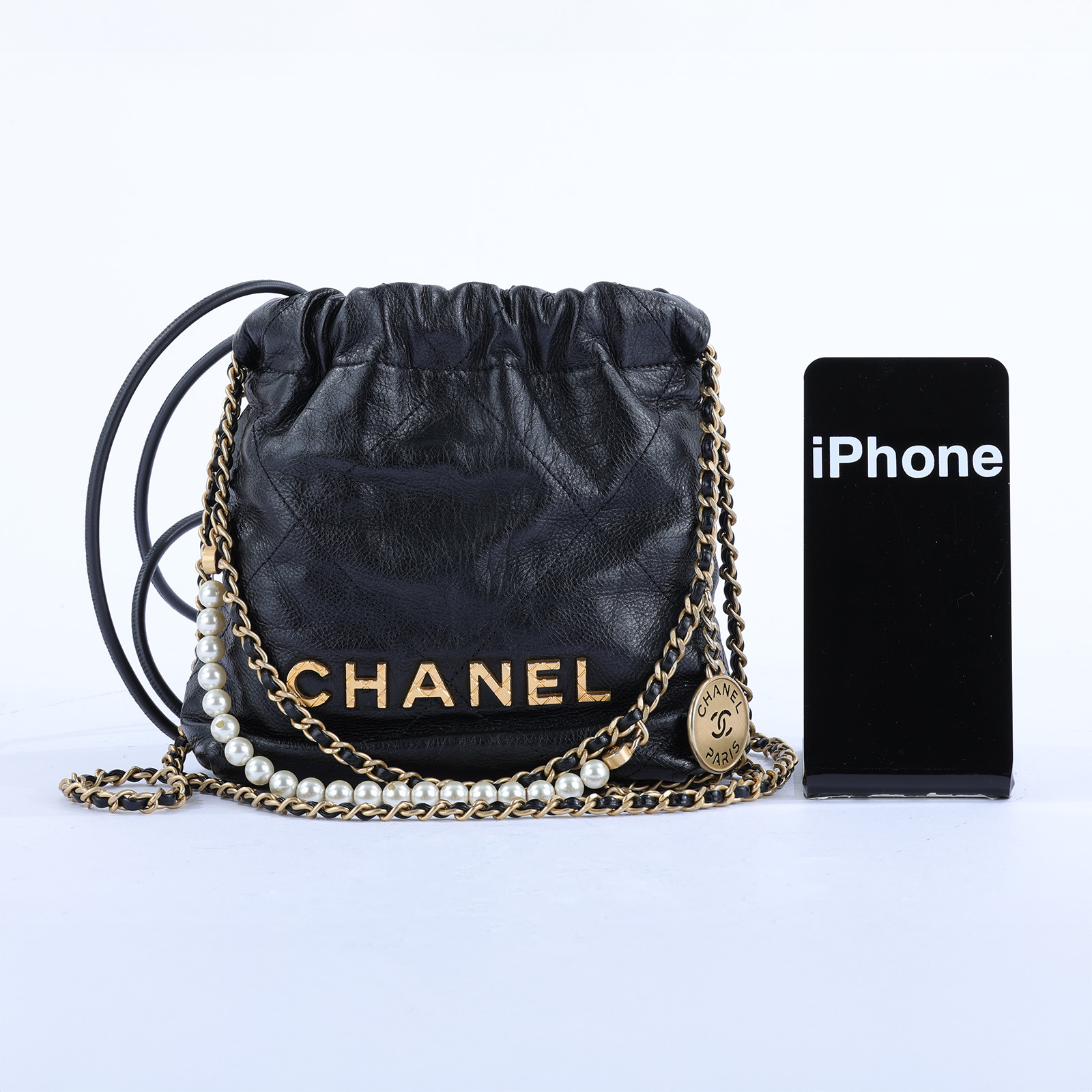 香奈兒 CHANEL 22 迷你 束口包 AS3980 晶片款 黑金牛珍珠荔枝22 MINI BAG 原廠盒子/防塵袋/購買證明影本