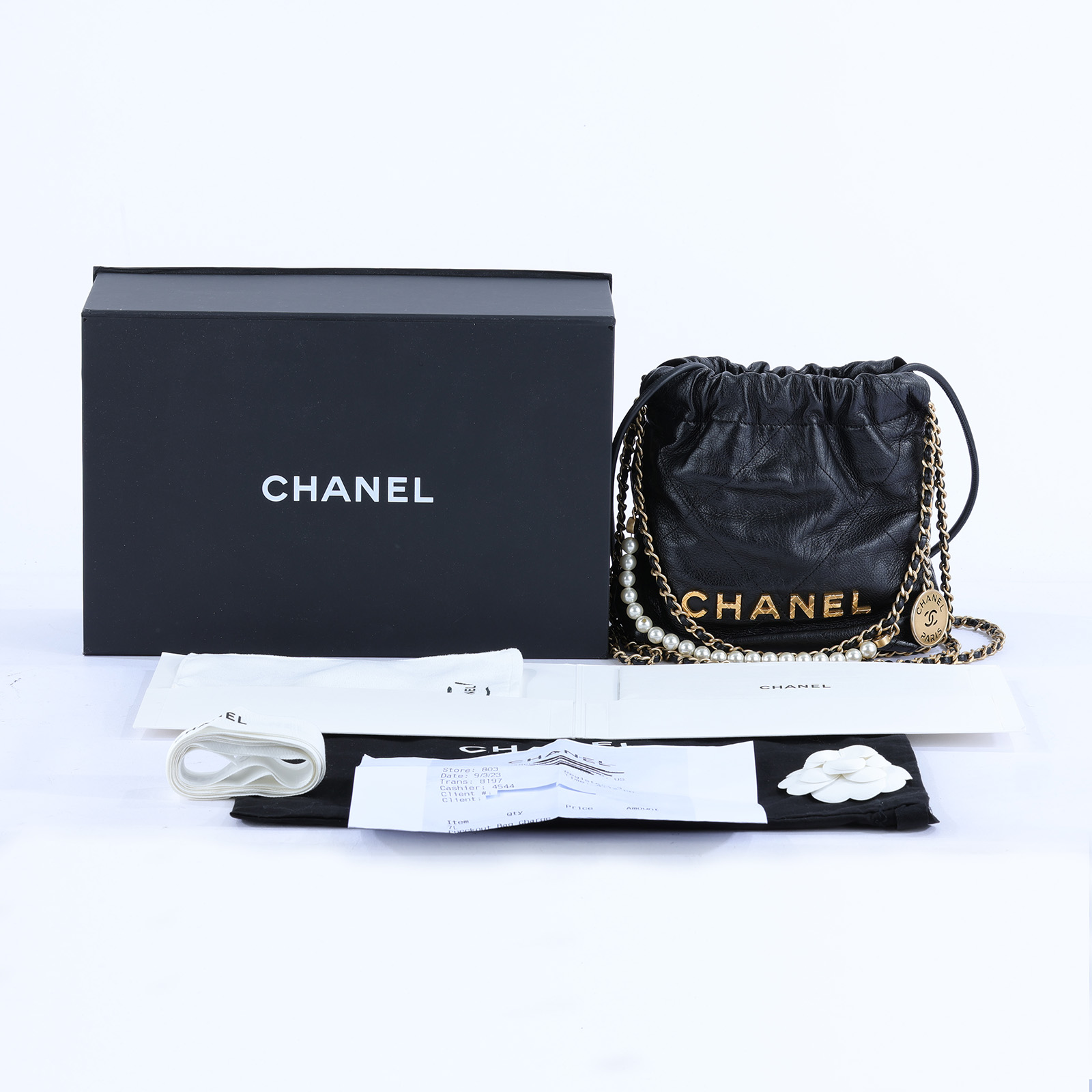 香奈兒 CHANEL 22 迷你 束口包 AS3980 晶片款 黑金牛珍珠荔枝22 MINI BAG 原廠盒子/防塵袋/購買證明影本