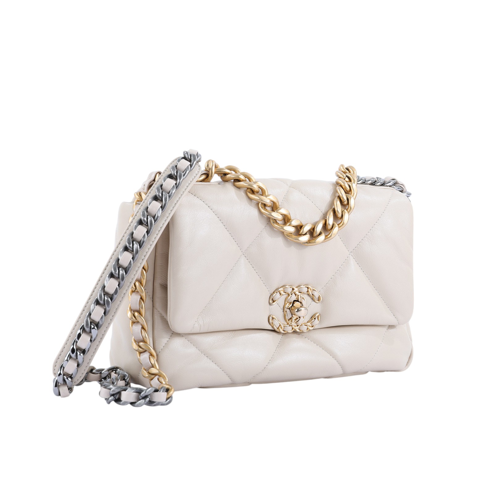 香奈兒 CHANEL 19 口蓋包 菱格紋 金銀鍊帶 手提 肩背包 AS1160 米色羊皮金扣19包26CM 原廠盒子/防塵袋/保證卡