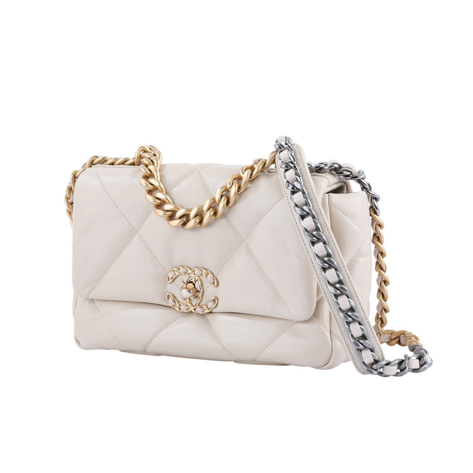 香奈兒 CHANEL 19 口蓋包 菱格紋 金銀鍊帶 手提 肩背包 AS1160 米色羊皮金扣19包26CM 原廠盒子/防塵袋/保證卡